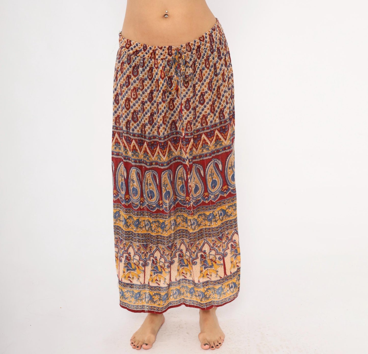 Y2K Lotus Indian Maxi Skirt Burgundy Paisley Gold Drawstring Waist Extra Large XXL