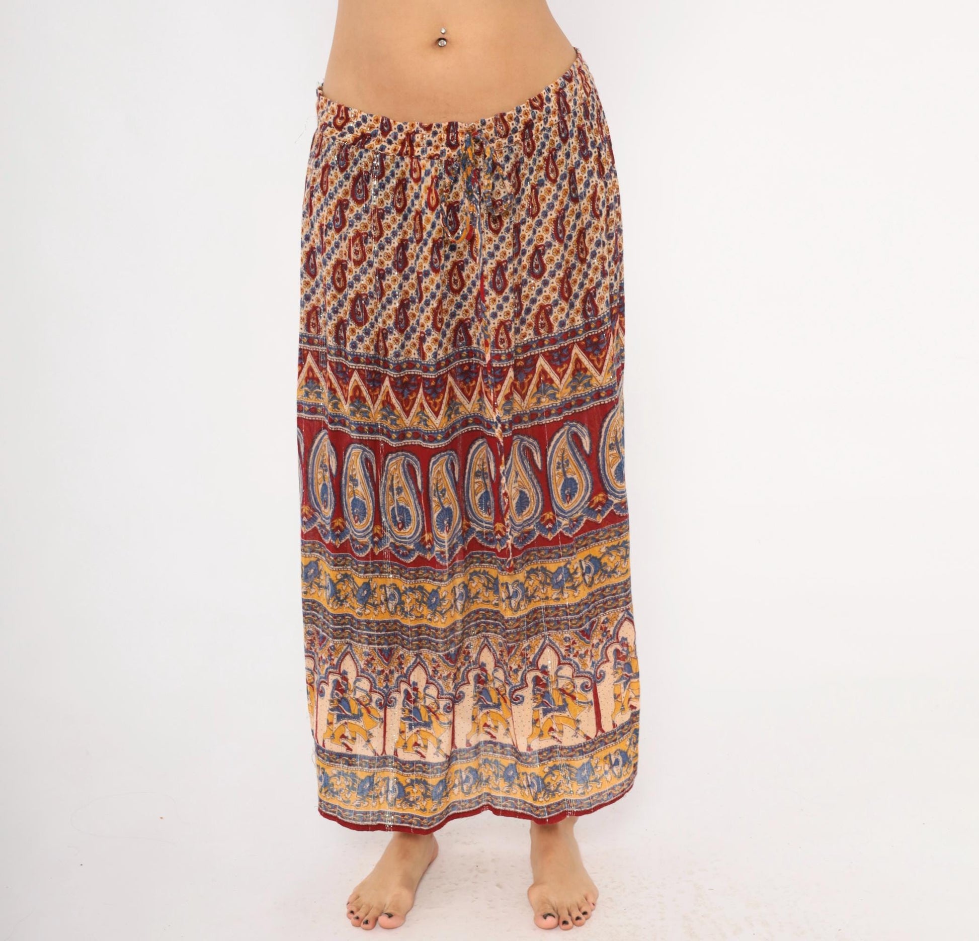 Y2K Lotus Indian Maxi Skirt Burgundy Paisley Gold Drawstring Waist Extra Large XXL