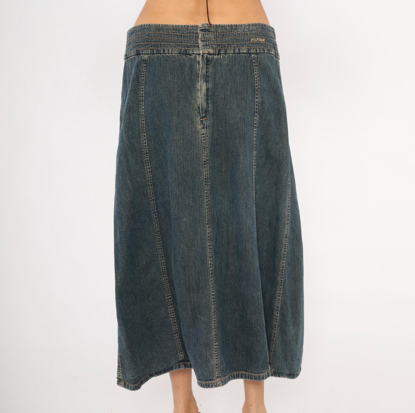 2000s Tommy Hilfiger Denim Midi Skirt Navy A-Line Low Rise Medium M