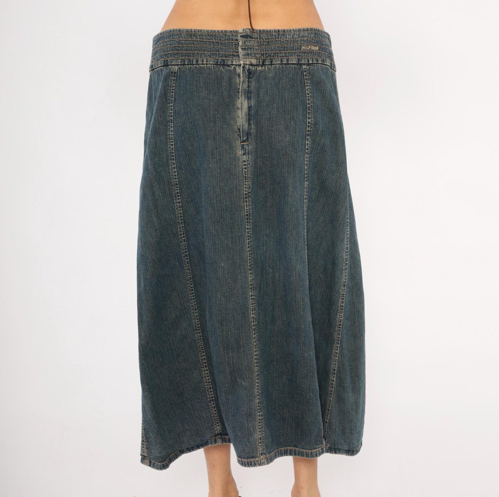 2000s Tommy Hilfiger Denim Midi Skirt Navy A-Line Low Rise Medium M
