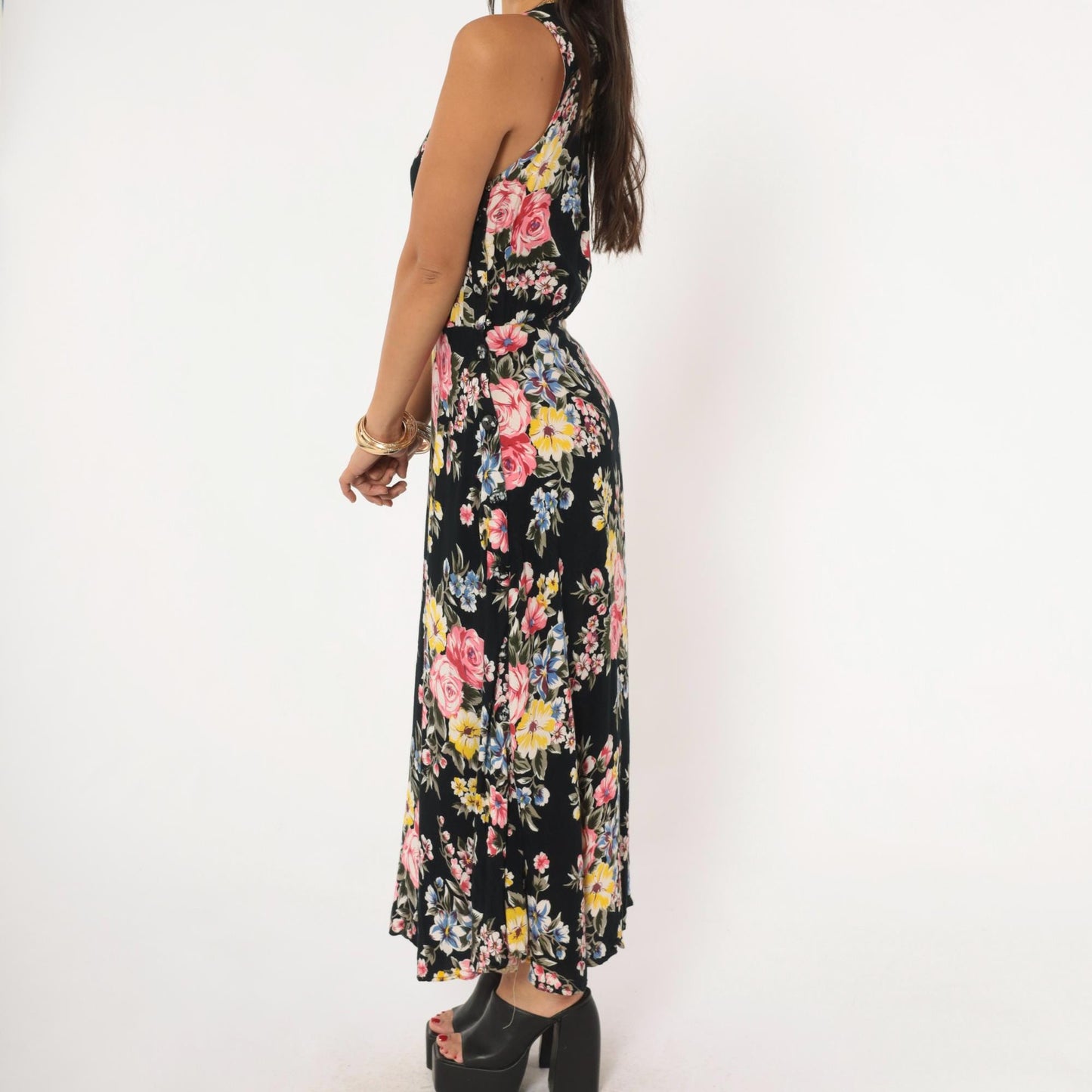 90s Style Works Floral Maxi Dress Black Pink Rose Yellow Blue Sleeveless Medium M