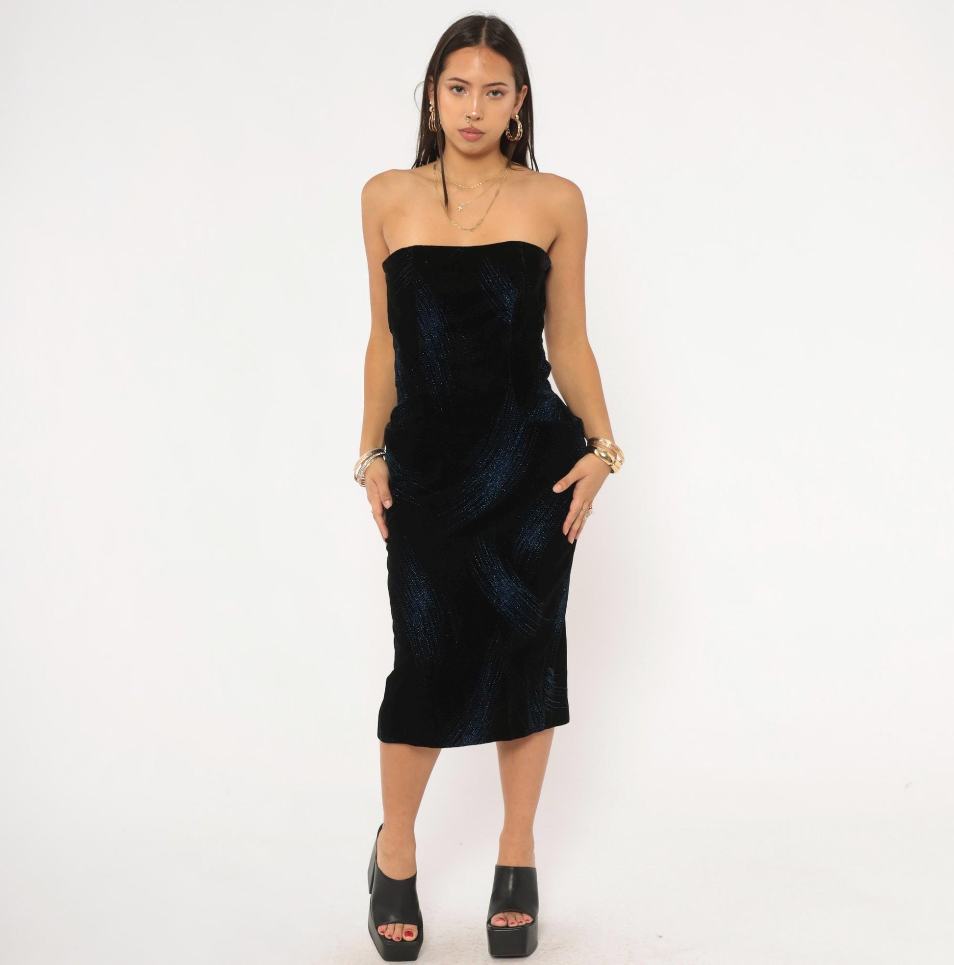 90s A.J. Bari Black Velvet Strapless Dress Blue Glitter Stripe Knee Length Small