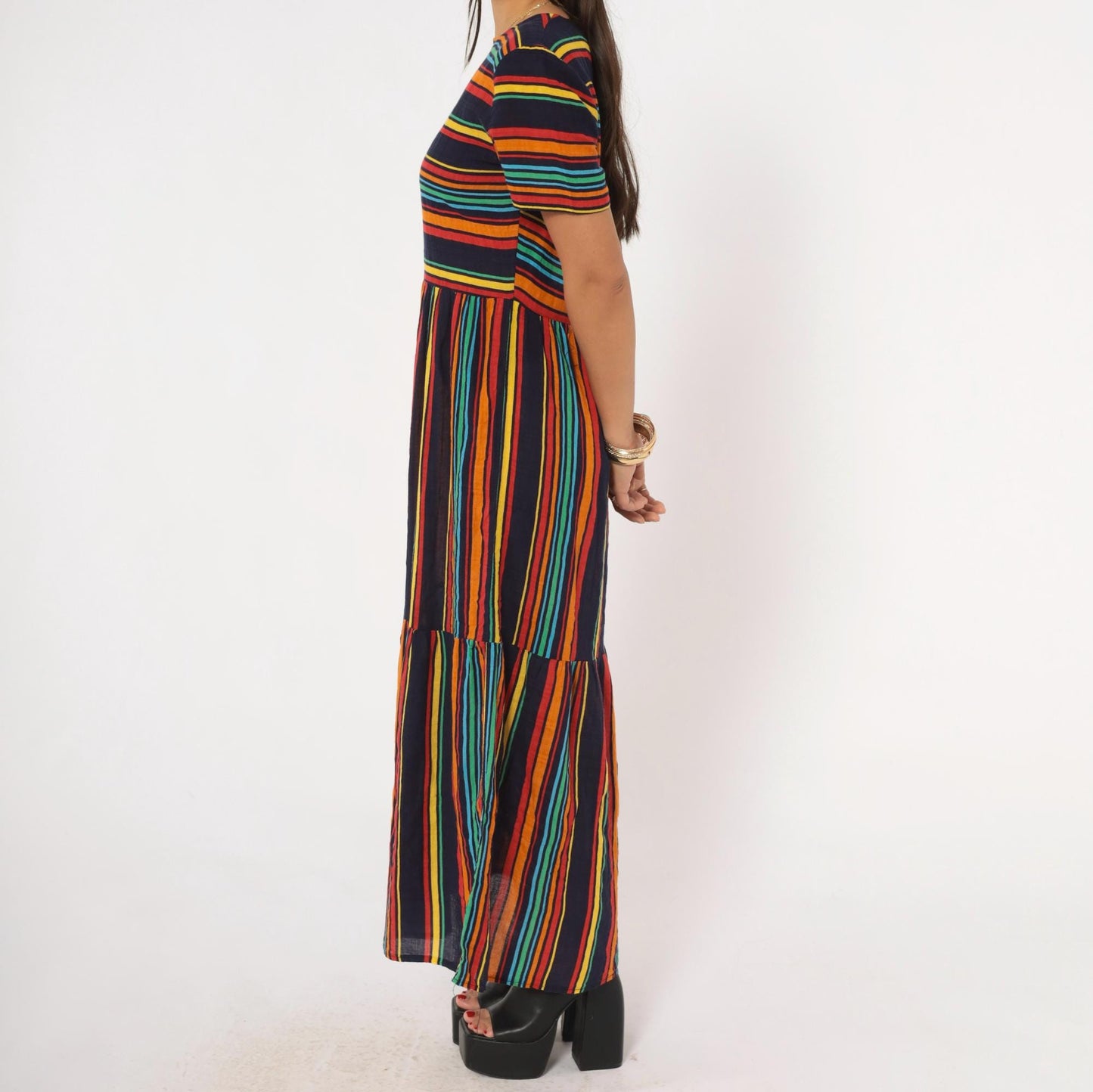 2000s Rainbow Stripe Maxi Dress Navy Multicolor Tiered Skirt Medium M