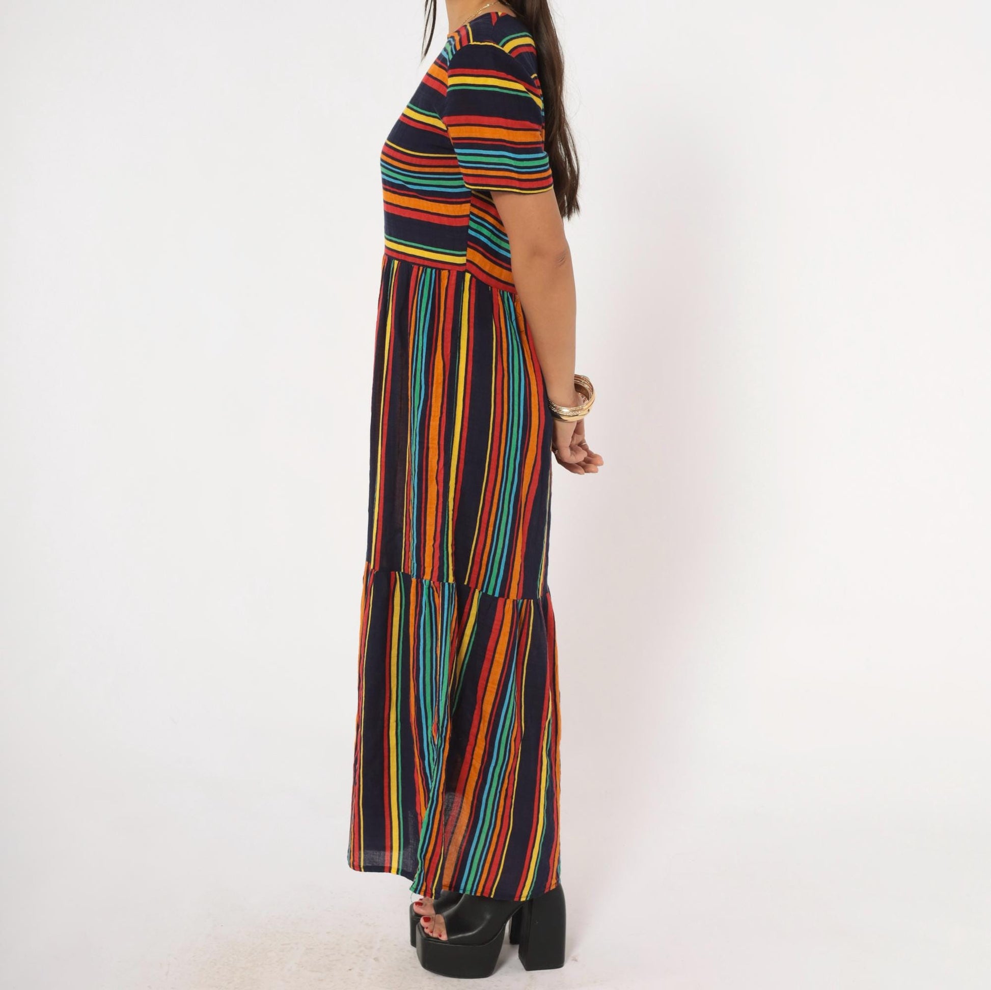 2000s Rainbow Stripe Maxi Dress Navy Multicolor Tiered Skirt Medium M