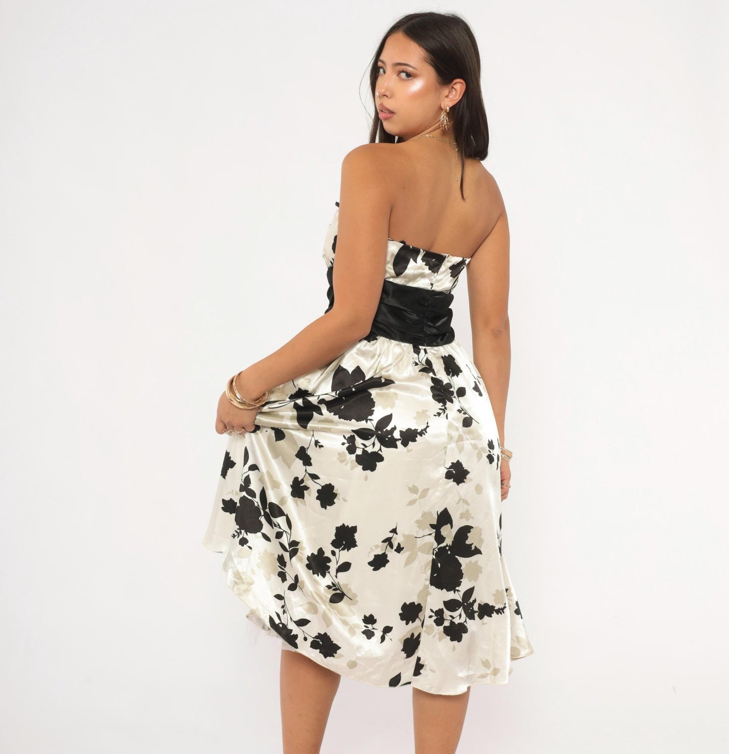 Y2K Intrigue Strapless Floral Mini Dress Black Cream Satin Empire Waist Medium
