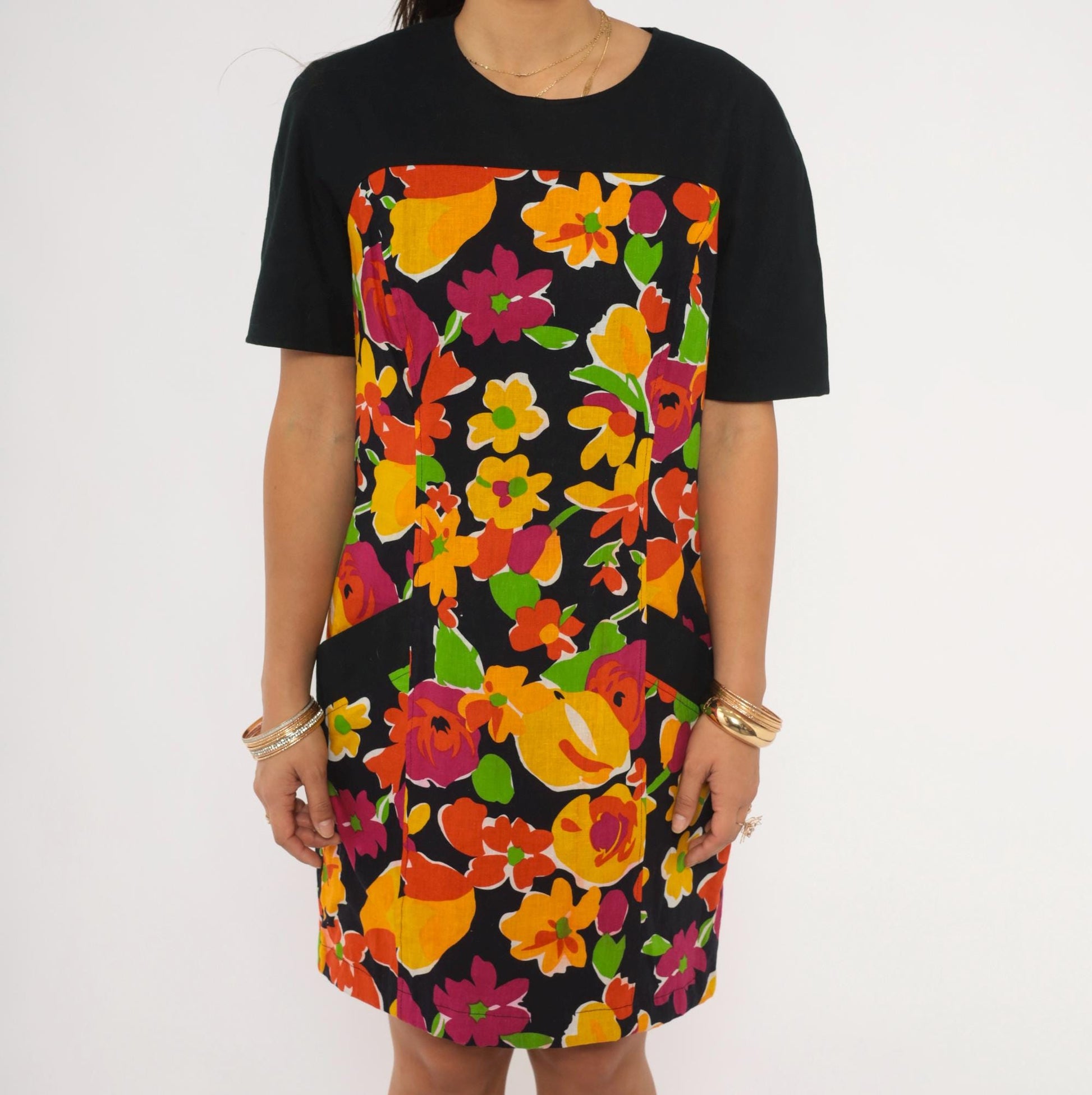 90s Gigi Psychedelic Floral Shift Dress Black Orange Pink Knee Length Medium M