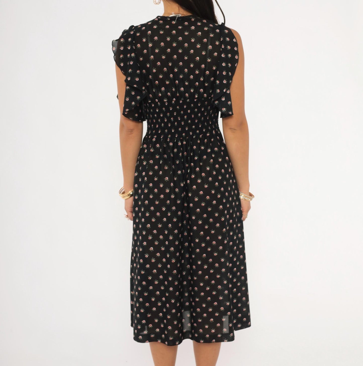 70s Act 1 New York Floral Midi Dress Flutter Sleeve Black Rose Print Small Medium