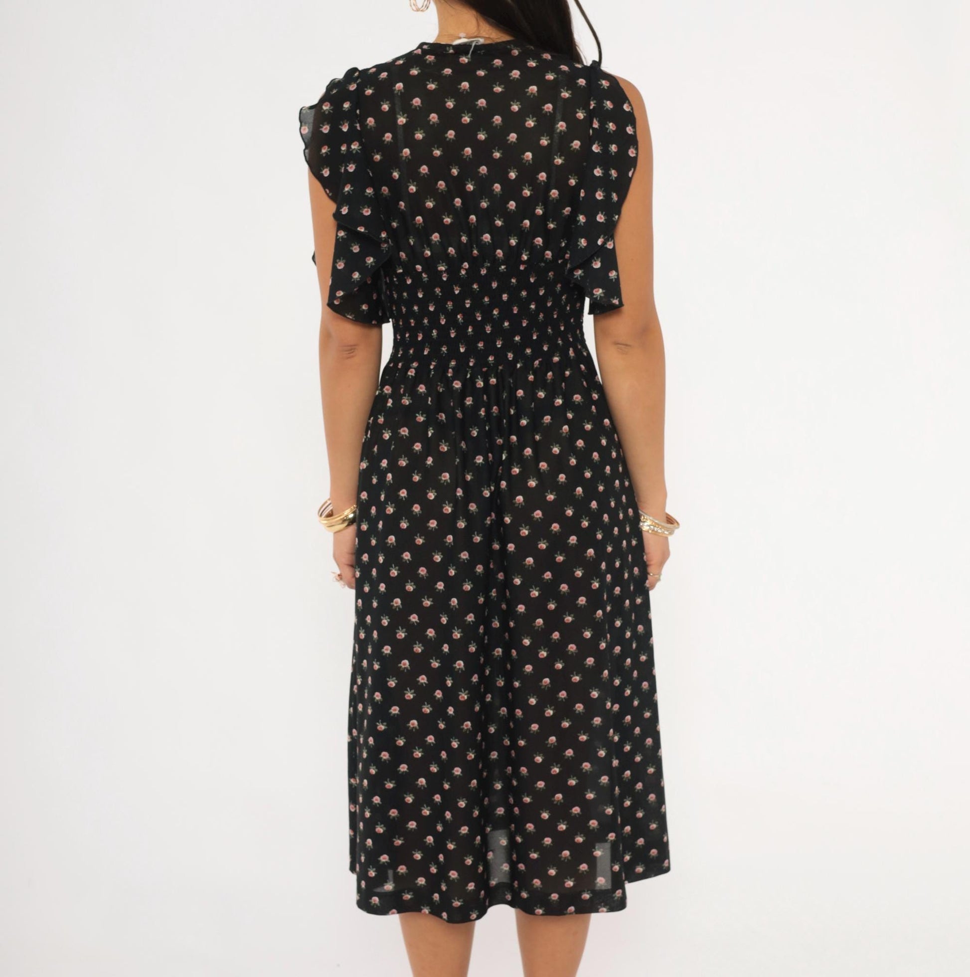 70s Act 1 New York Floral Midi Dress Flutter Sleeve Black Rose Print Small Medium