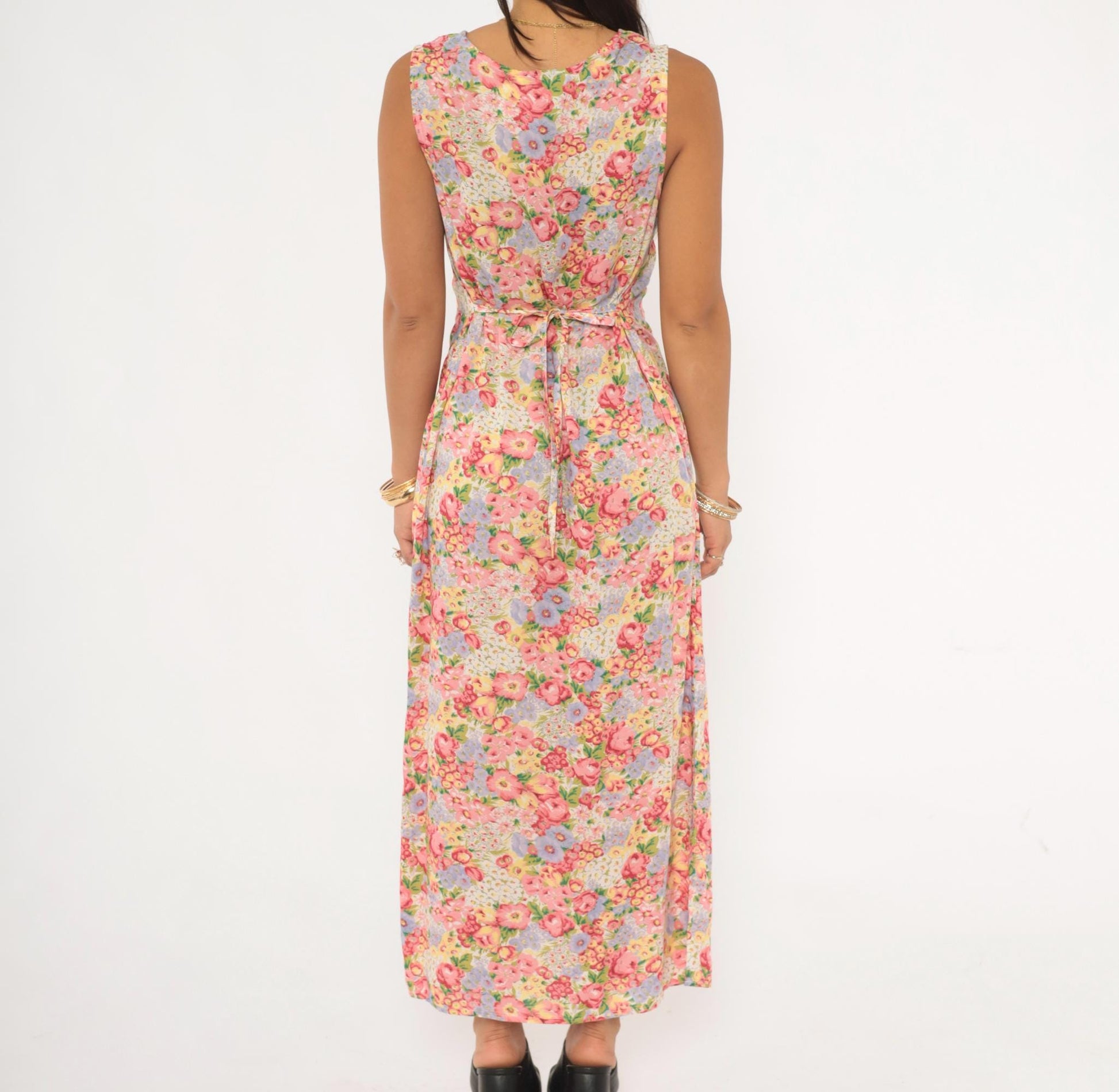90s Casual Corner Annex Floral Maxi Dress Pink Garden Print Tie Back Small