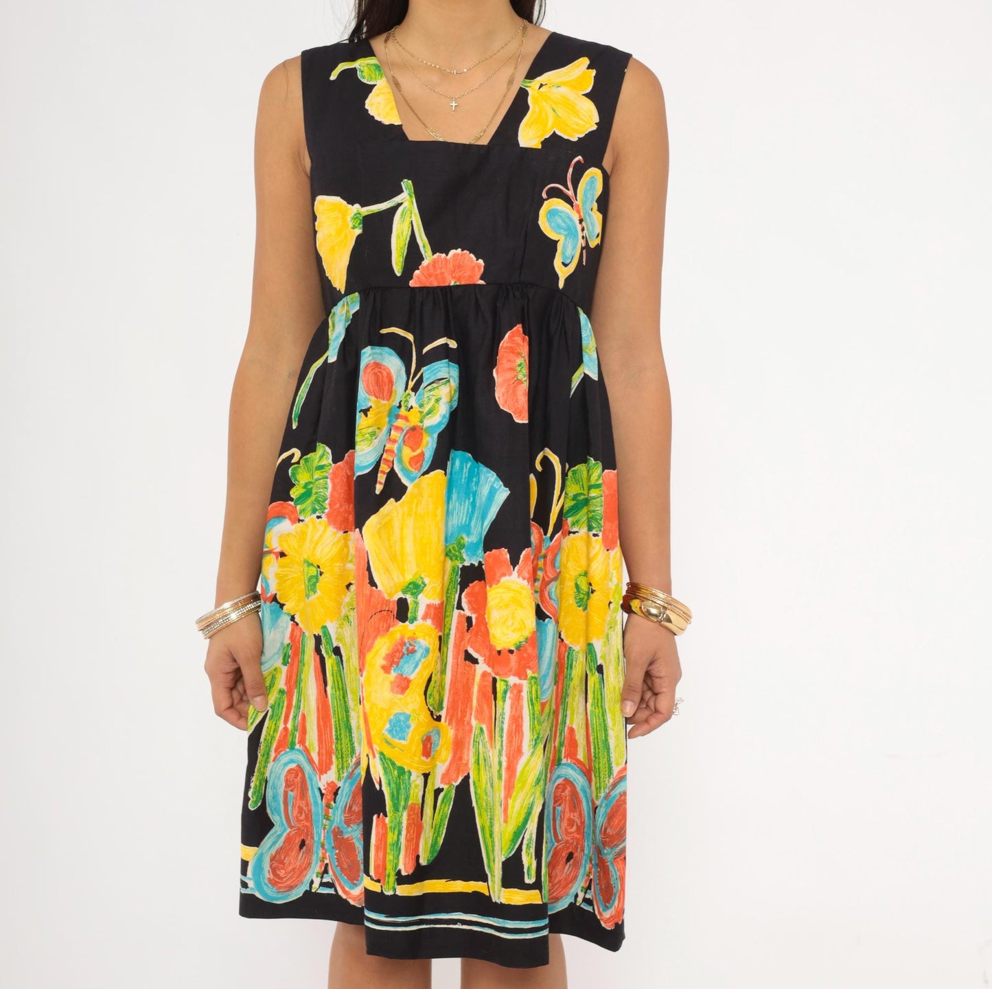 70s Dela Ann Creation Babydoll Dress Black Yellow Butterfly Floral Empire Waist Small