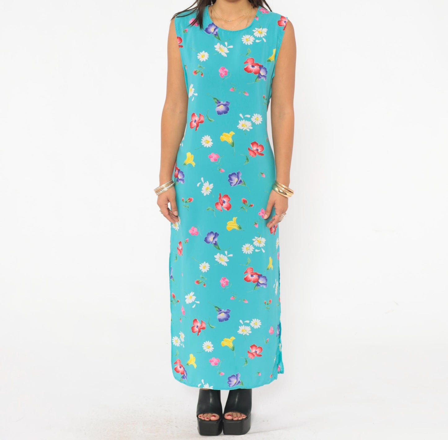 90s Top Secret New York Floral Maxi Dress Turquoise Wildflower Medium M