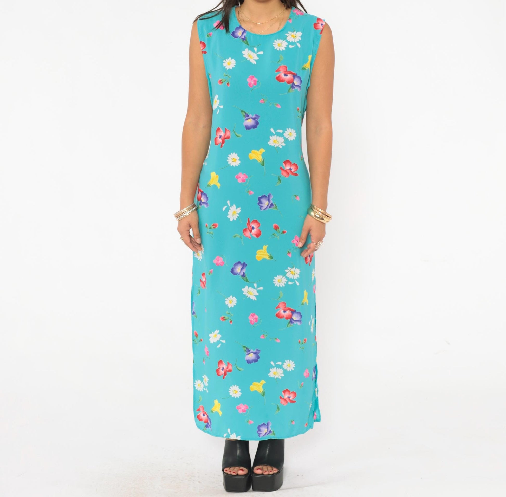 90s Top Secret New York Floral Maxi Dress Turquoise Wildflower Medium M