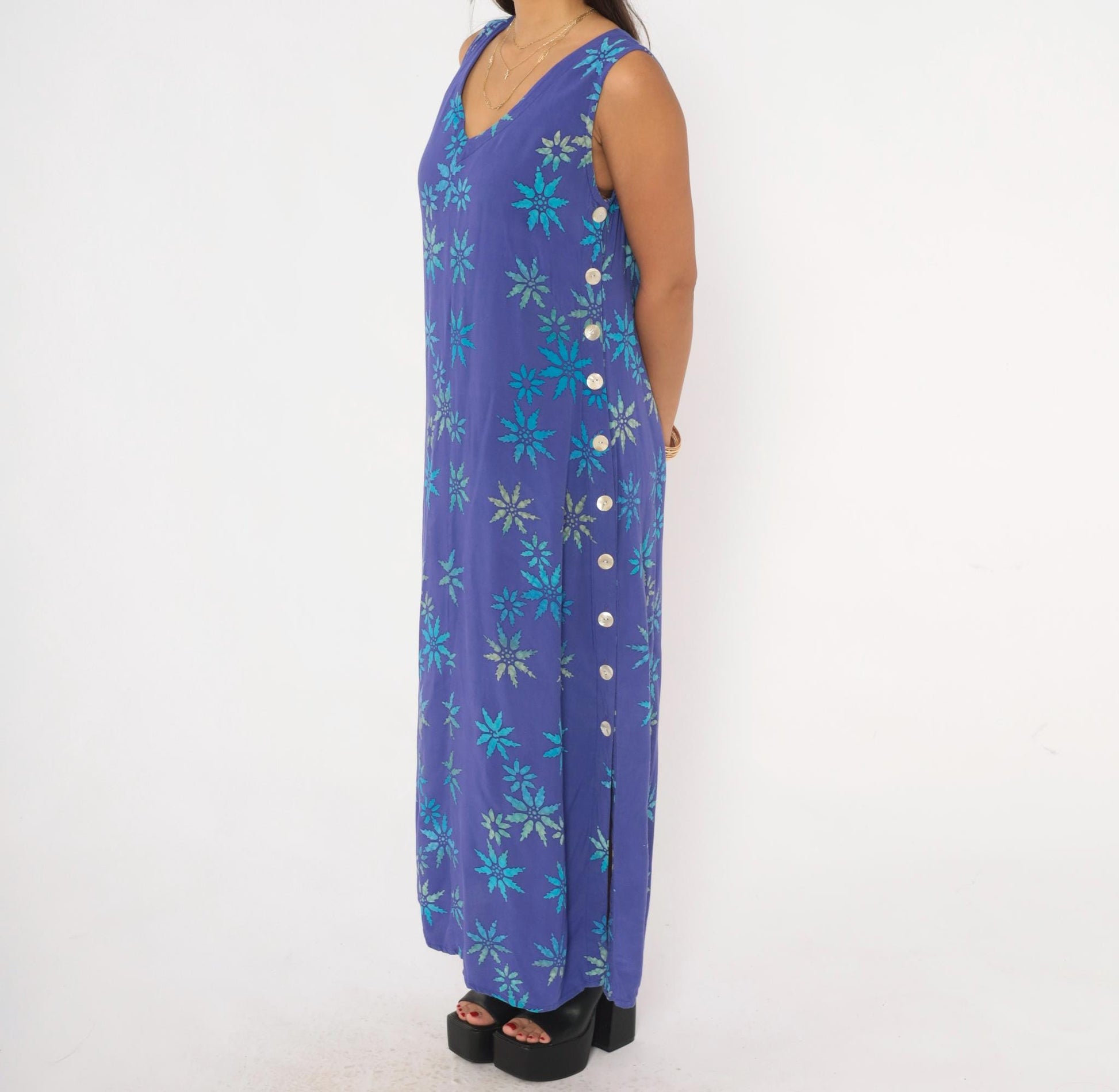 90s Temptation Batik Maxi Dress Purple Teal Starburst Floral Sleeveless Medium