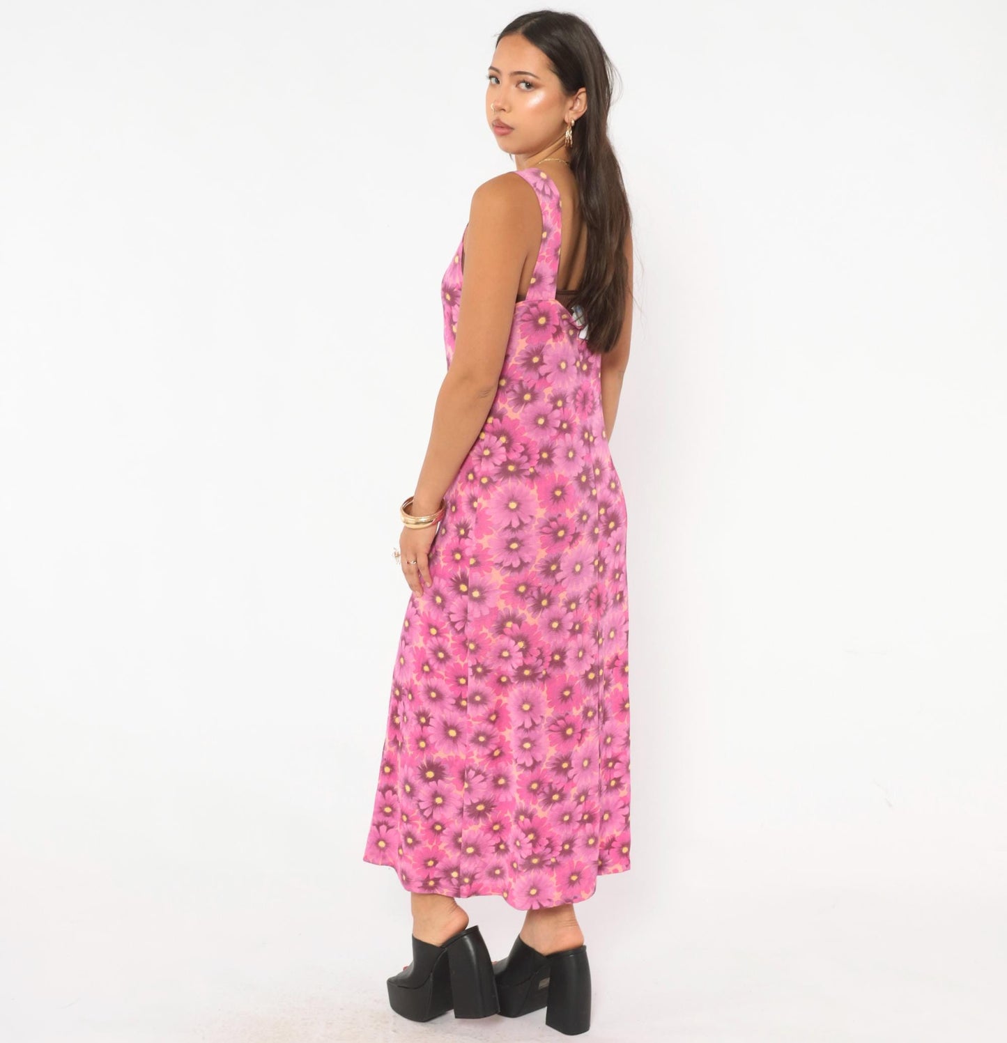 90s Pacific Palm Pink Floral Maxi Dress Daisy Tank Scoop Neck Medium M