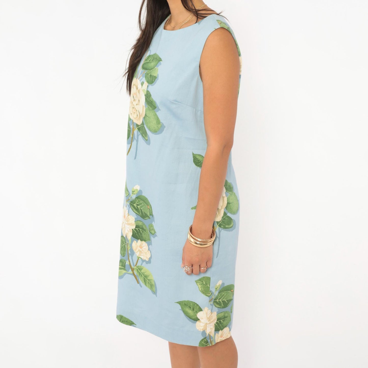 2000s Chris Kellogg Sky Blue Floral Shift Dress Botanical Rose Print Knee Length Medium M