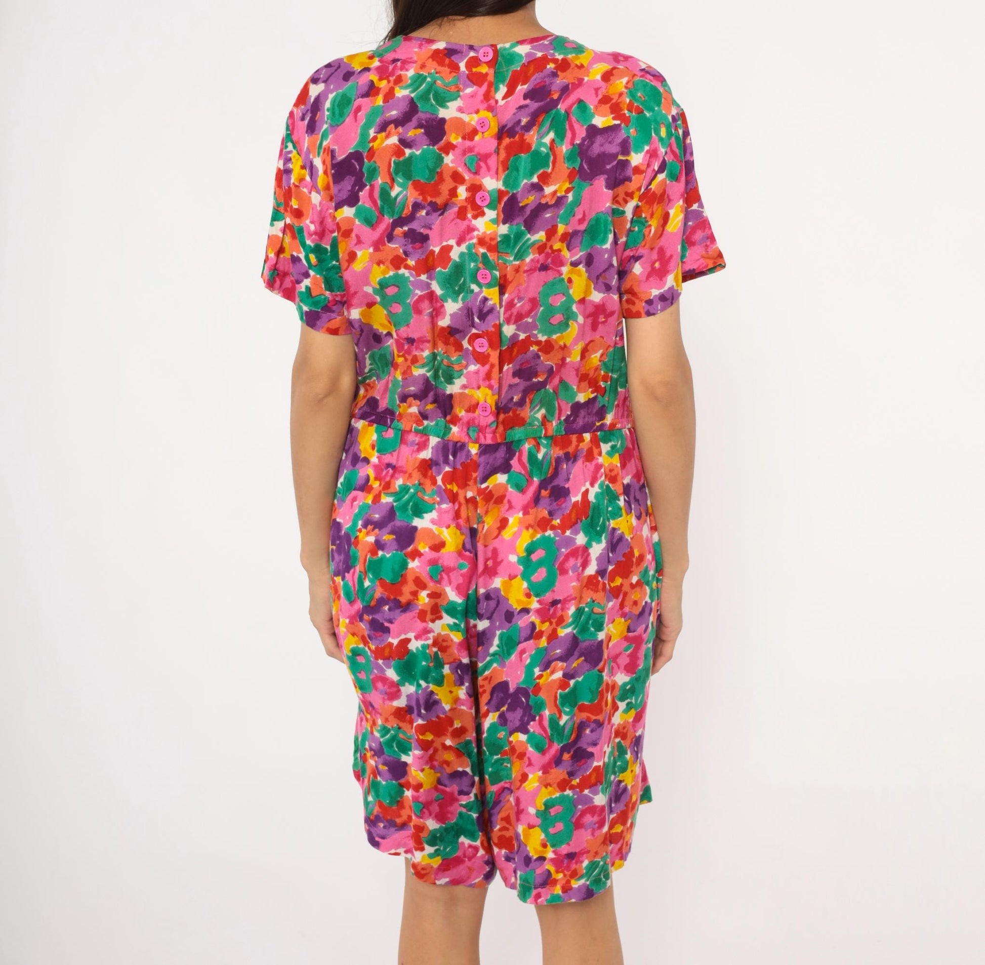 90s S.Roberts Watercolor Floral Romper Pink Purple Green Small