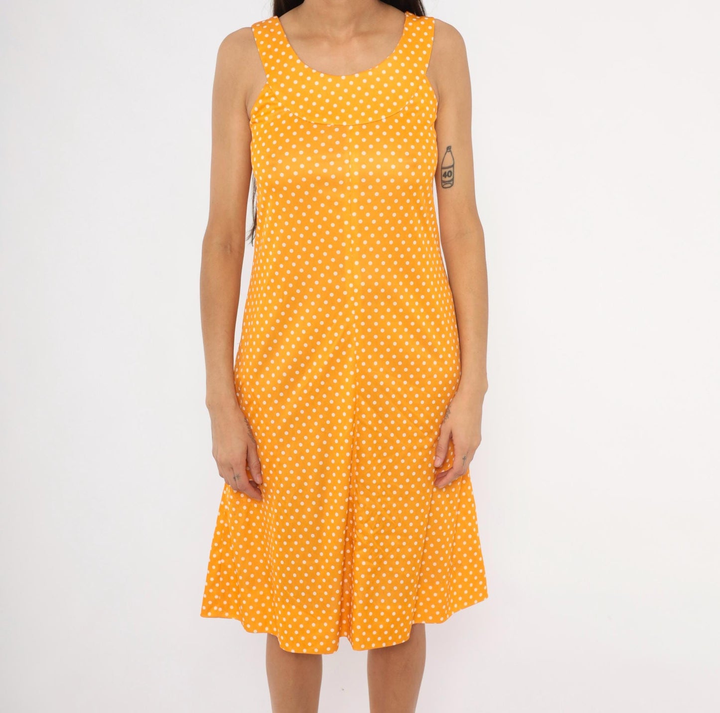 70s Yellow White Polka Dot Sundress Empire Waist Tank Small