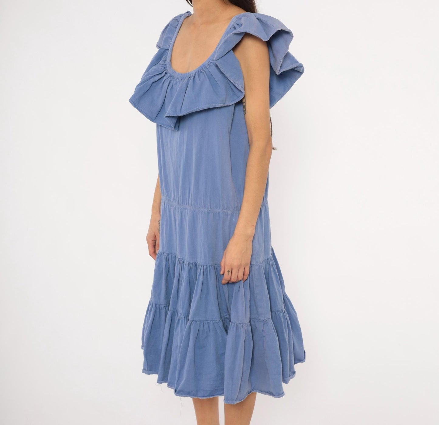 80s Jb Periwinkle Cotton Sundress Tiered Ruffle Midi Powder Blue Large L