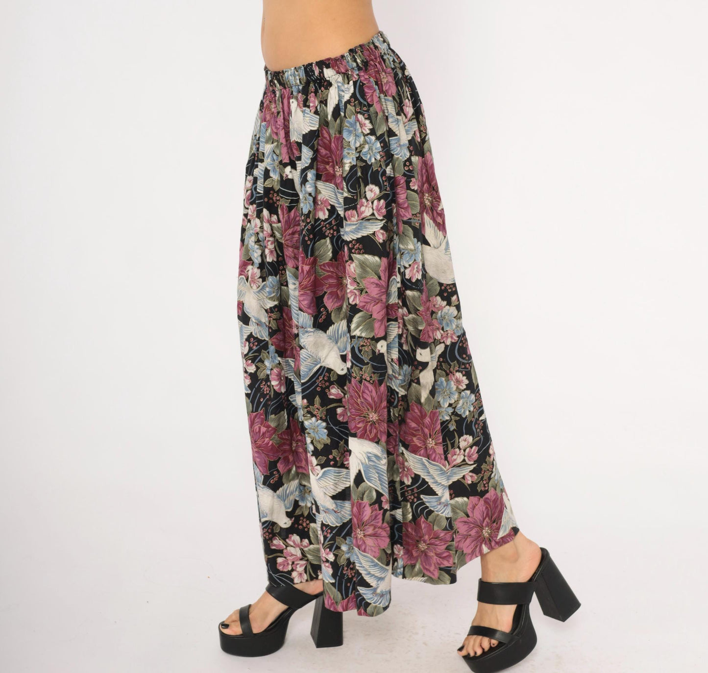 80s Navy Dove Poinsettia Maxi Skirt Cotton Floral A-Line Medium Large