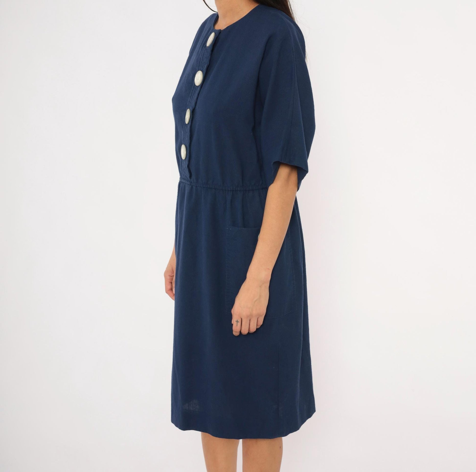 80s Leslie Fay Navy Button-Front Dress Knee-Length Elastic Waist Large L