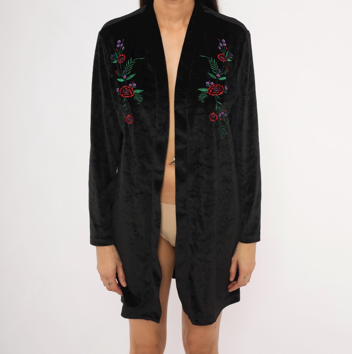 80s Blair Black Velvet Kimono Duster Embroidered Floral Rose Medium M