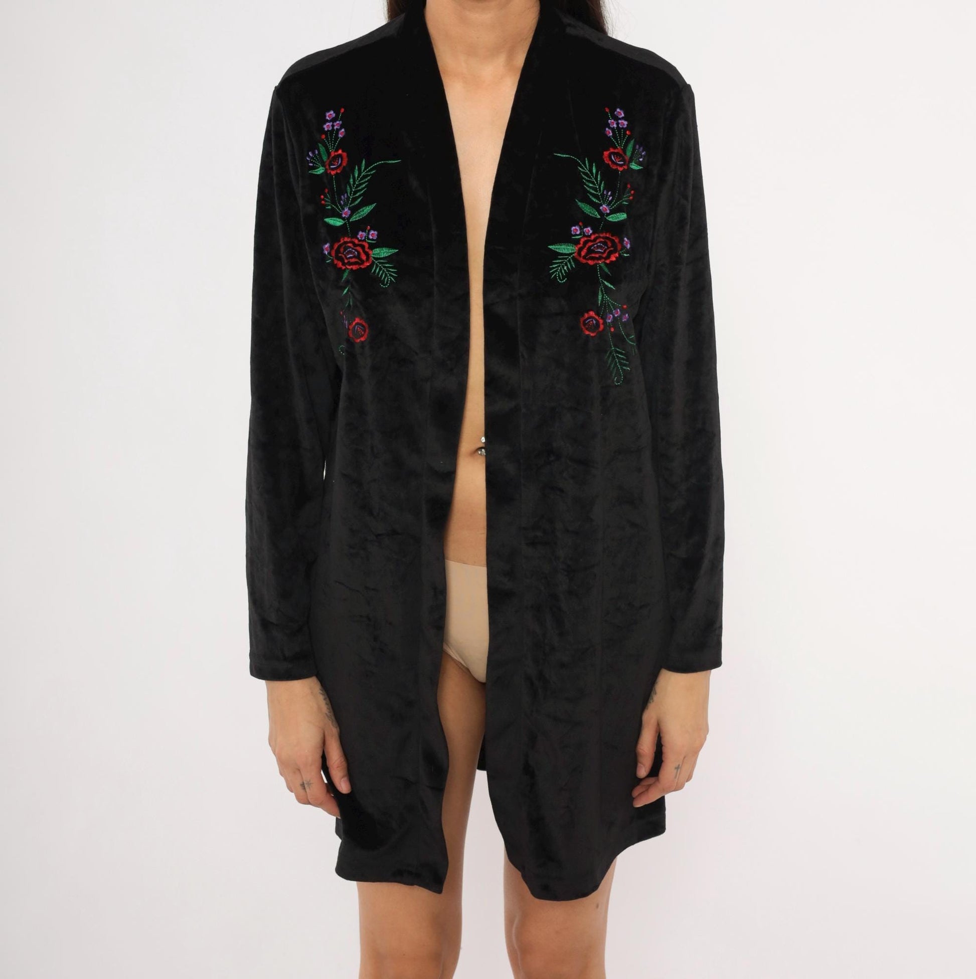 80s Blair Black Velvet Kimono Duster Embroidered Floral Rose Medium M
