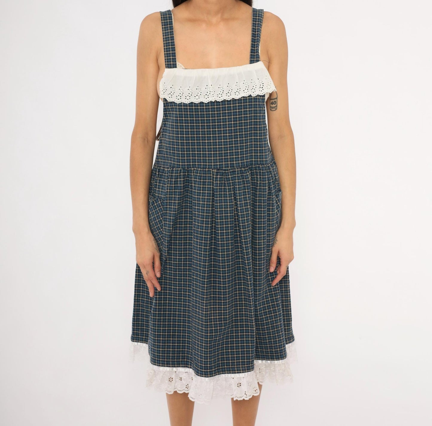 80s Navy Tan Plaid Pinafore Sundress Cotton Eyelet Lace Knee Medium