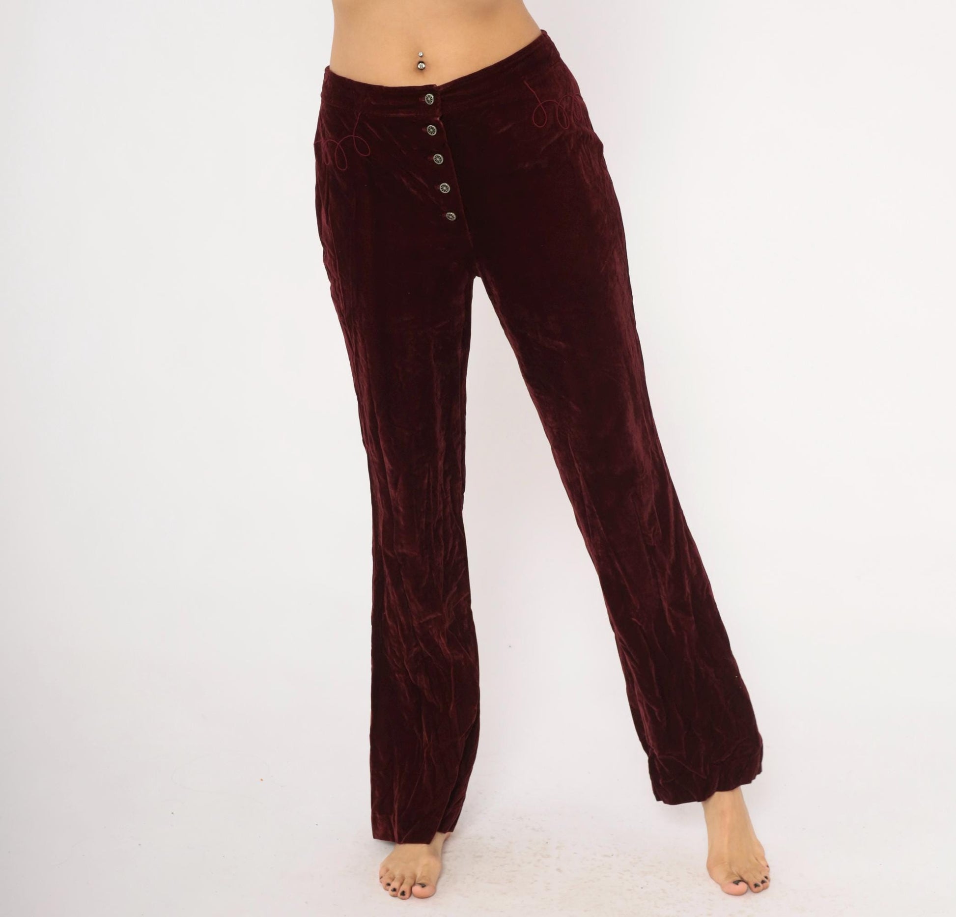 70s Burgundy Crushed Velvet Flare Pants Embroidered Low Rise Medium M
