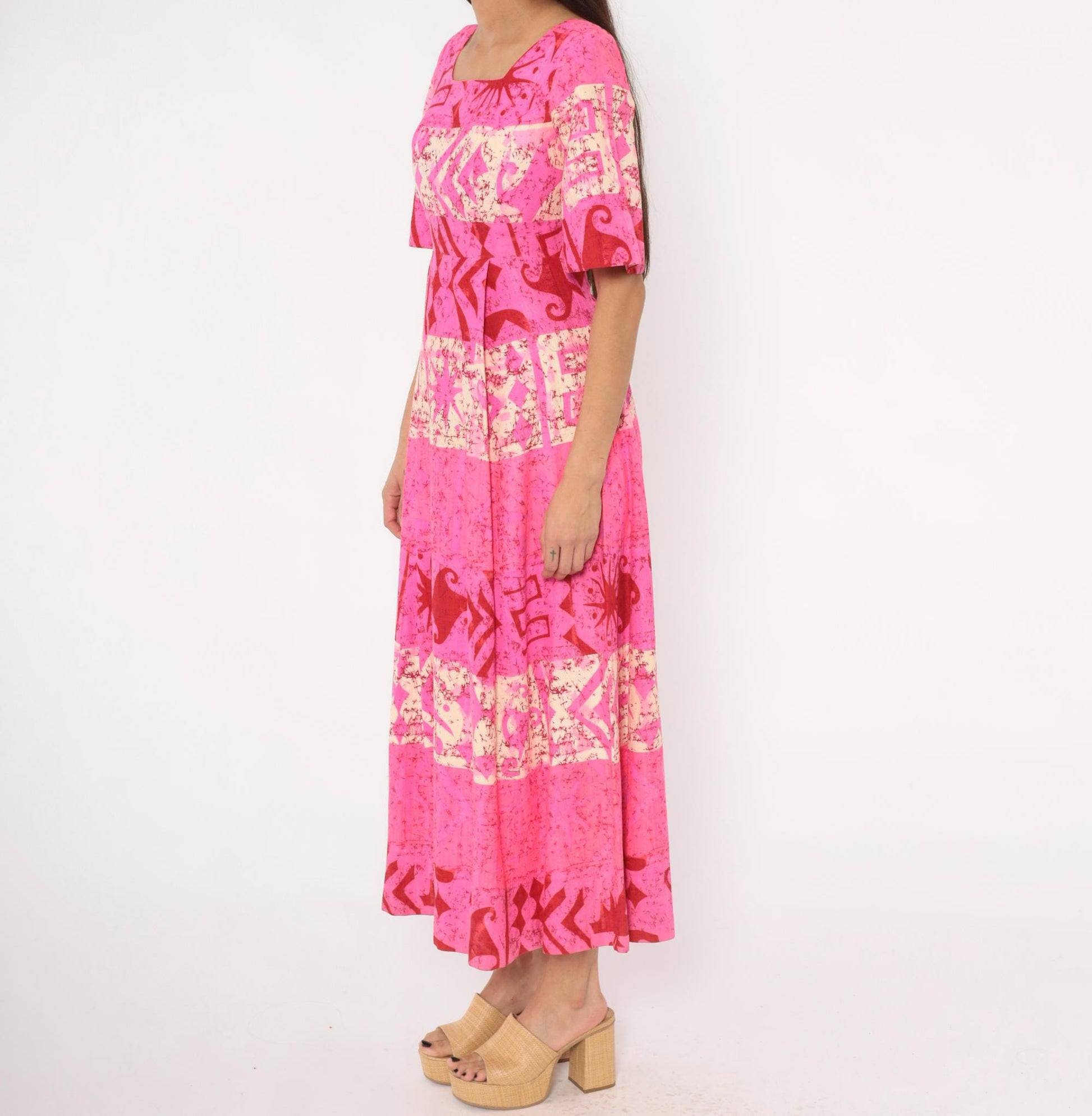 70s Holiday Sportswear Hot Pink Batik Maxi Dress Bell Sleeve Square Neck XS
