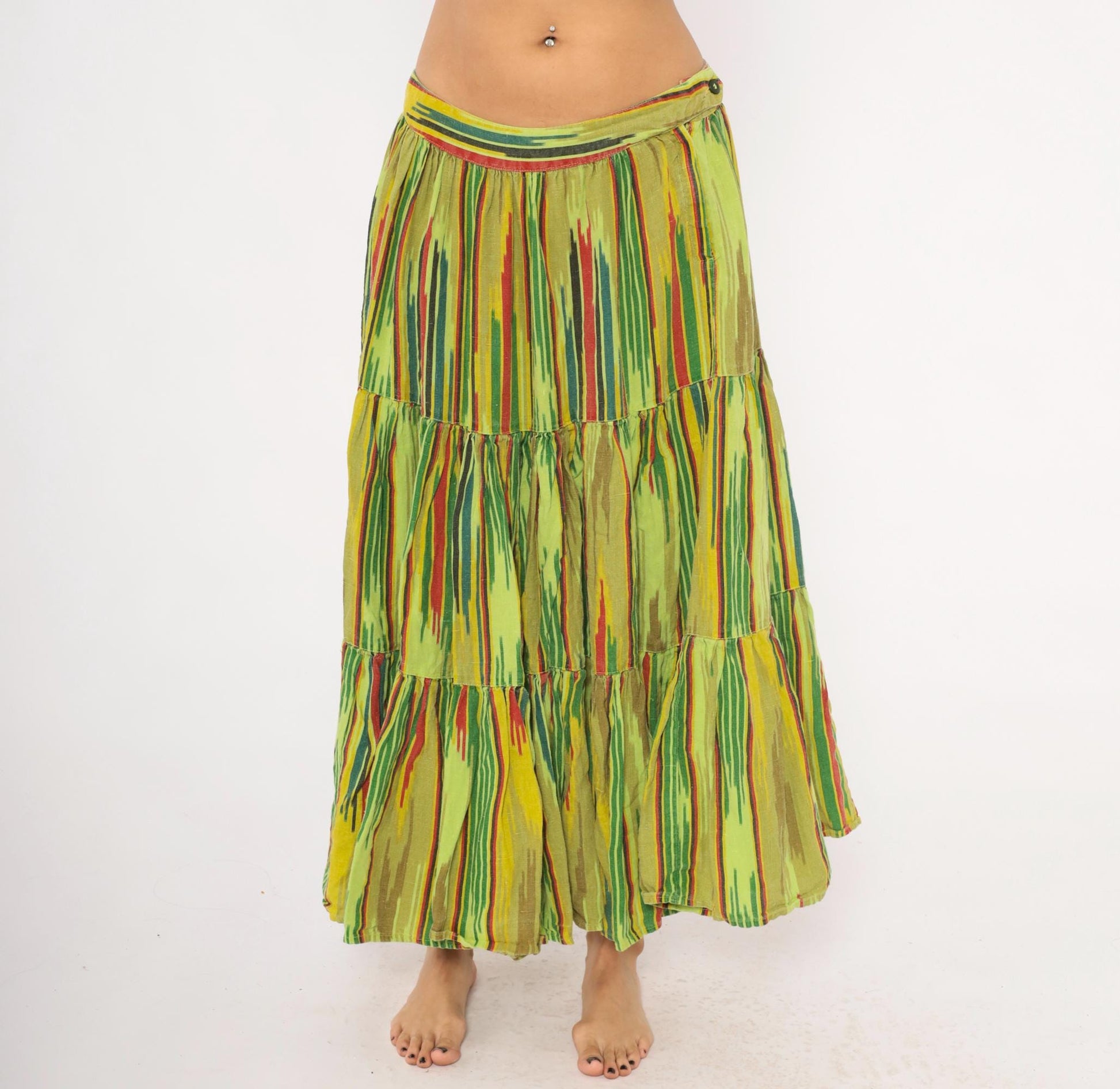 2000s Mason's Ikat Tiered Maxi Skirt Green Yellow Red Woven Large L