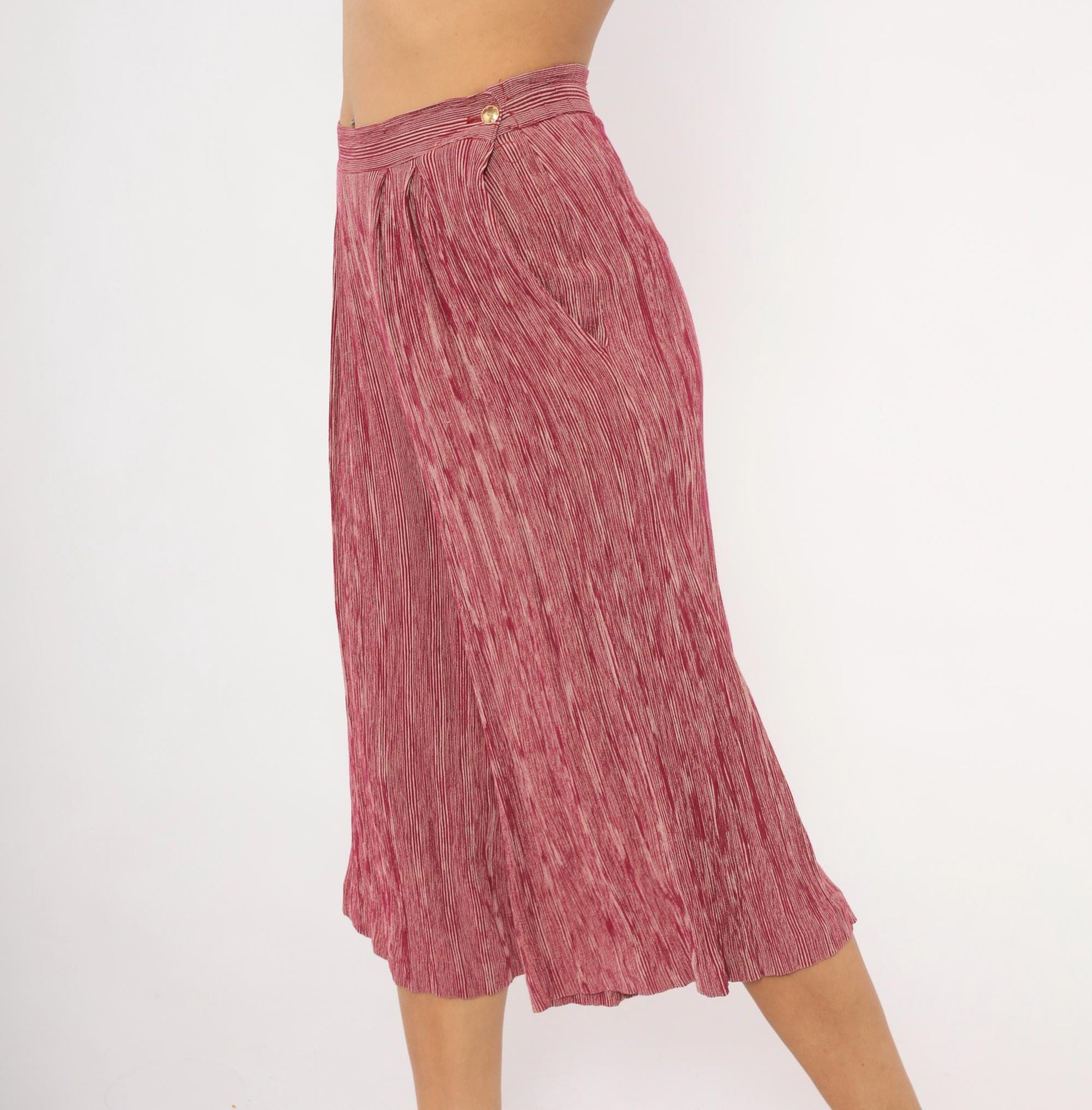 80s Leslie Fay Burgundy Striped Pleated Culottes Wide Leg Cropped Medium