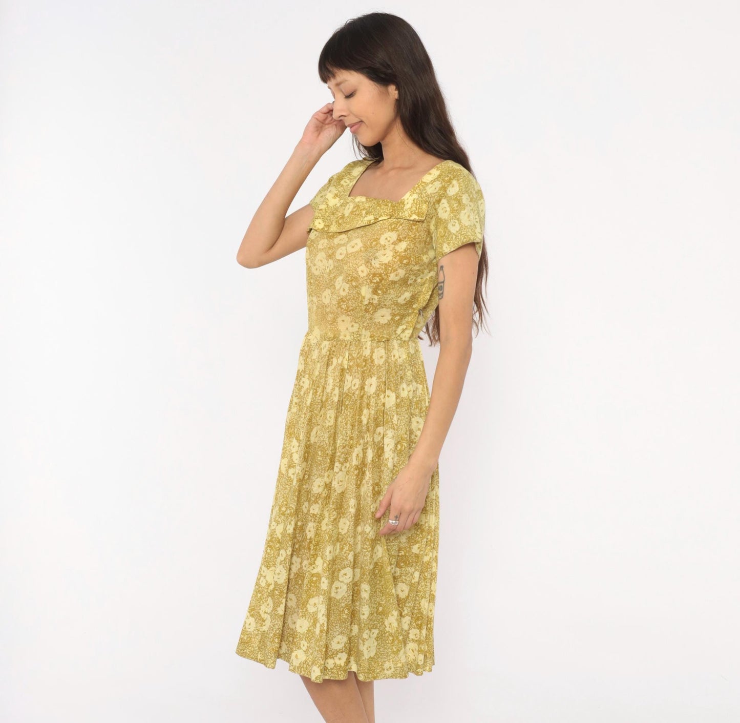 60s Annetta New York Floral Dress Square Neckline Pleated Full Skirt Medium