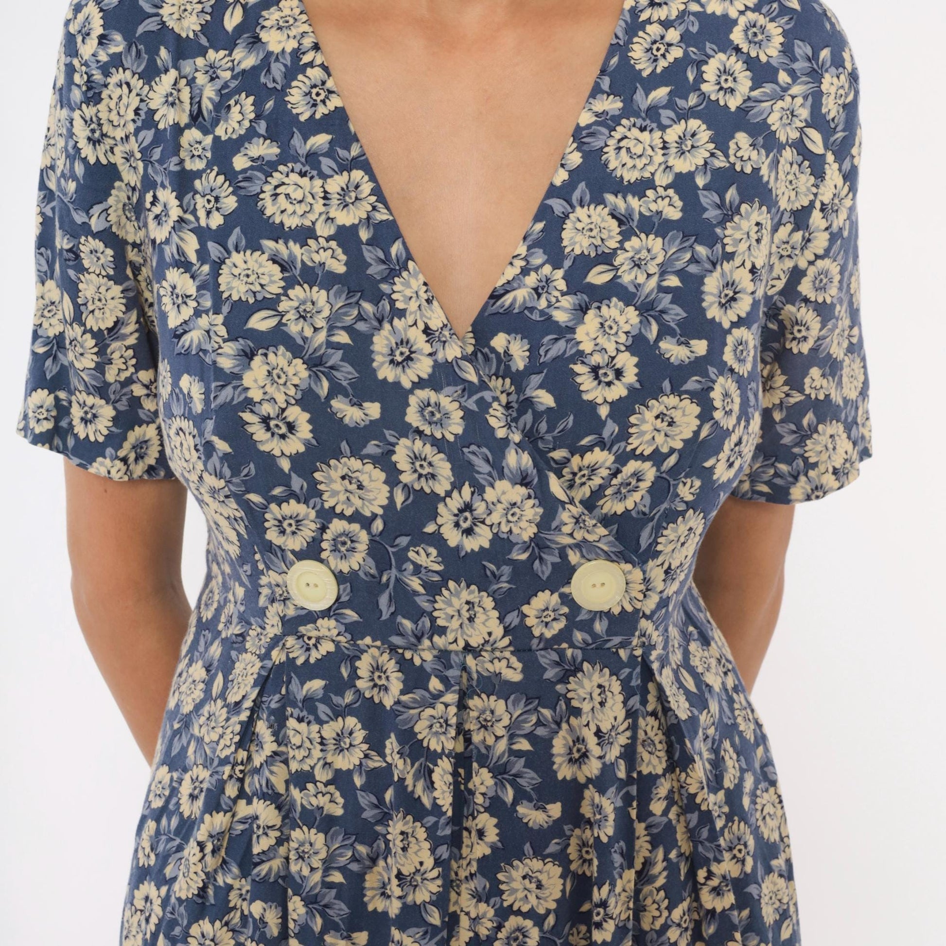 90s Jeffrey & Dara Floral Jumpsuit Cobalt Blue Wide Leg Wrap V Neck Medium M