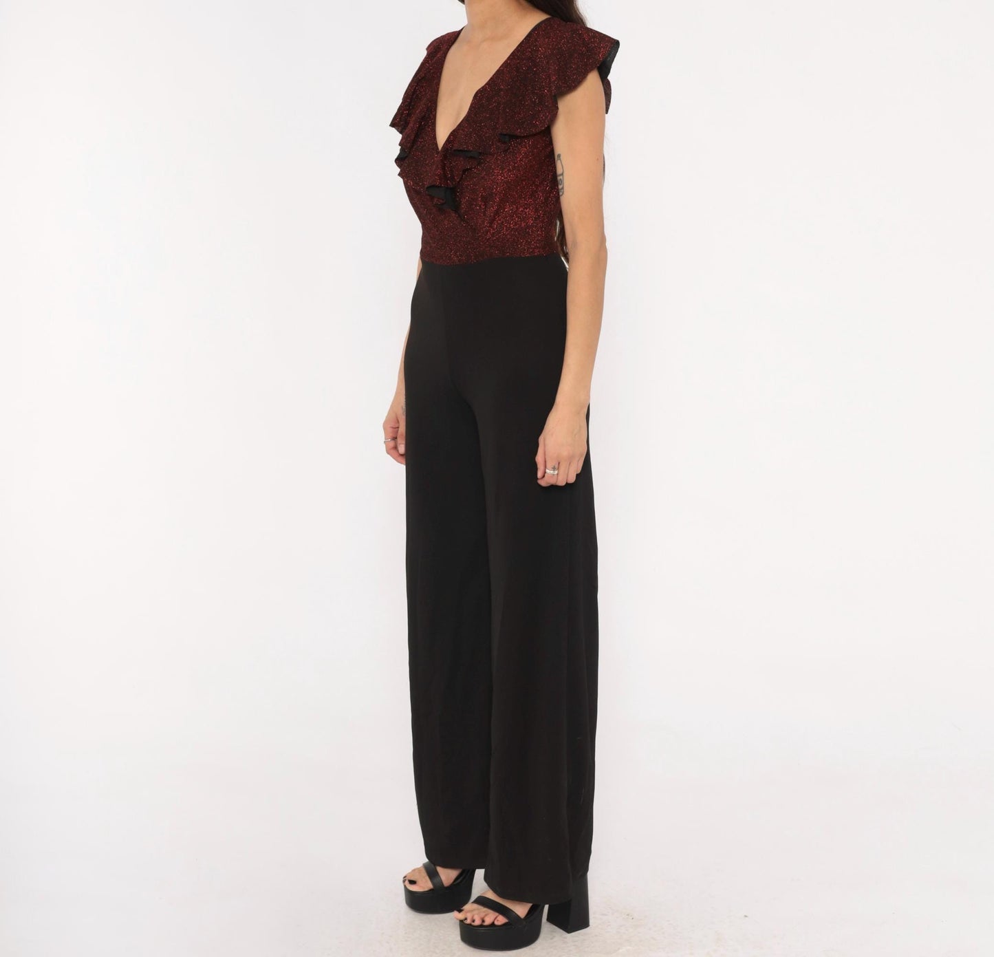 2000s Crece Jumpsuit Black Burgundy Glitter Ruffle Deep V Wide Leg Medium M