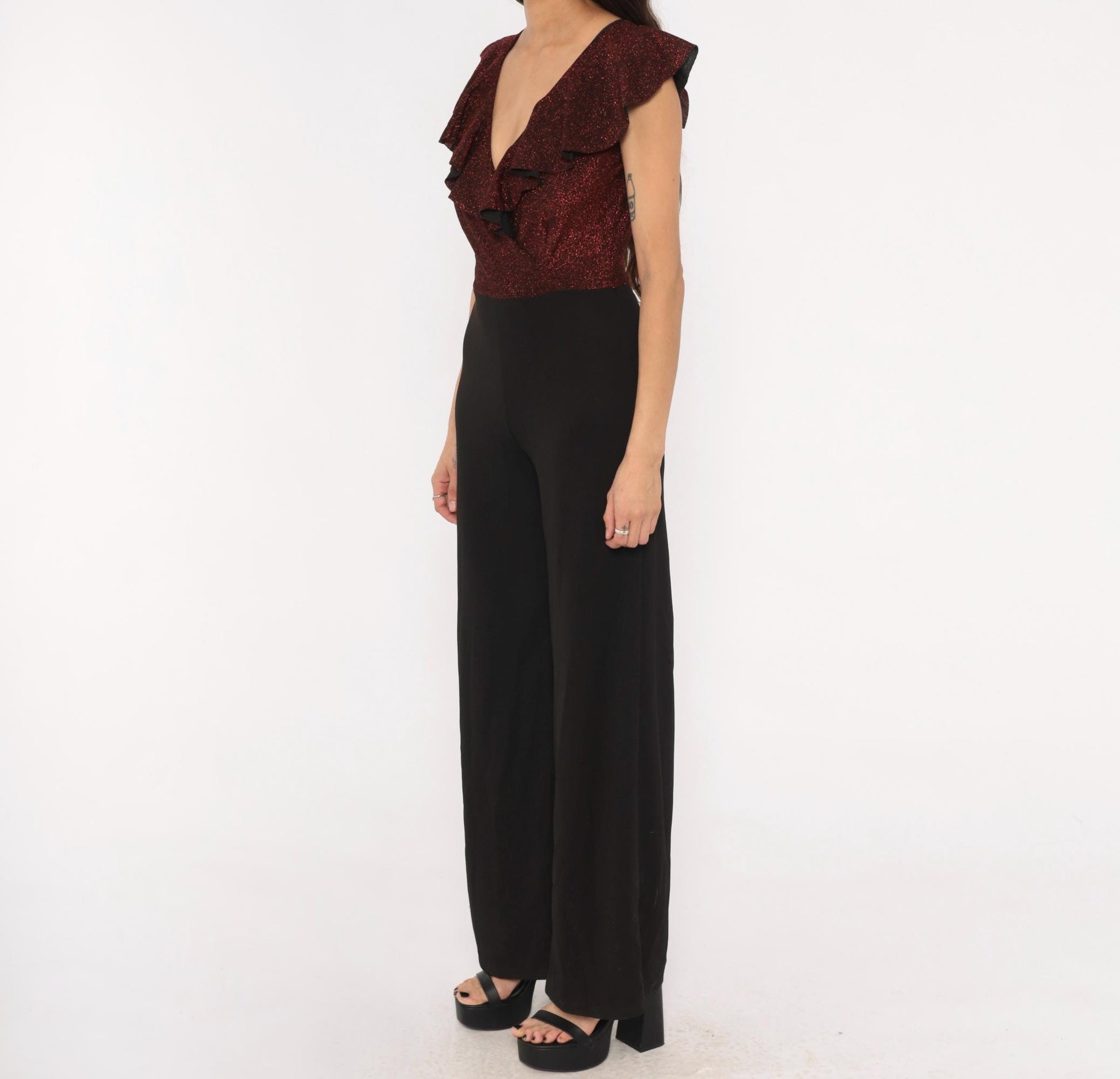 2000s Crece Jumpsuit Black Burgundy Glitter Ruffle Deep V Wide Leg Medium M