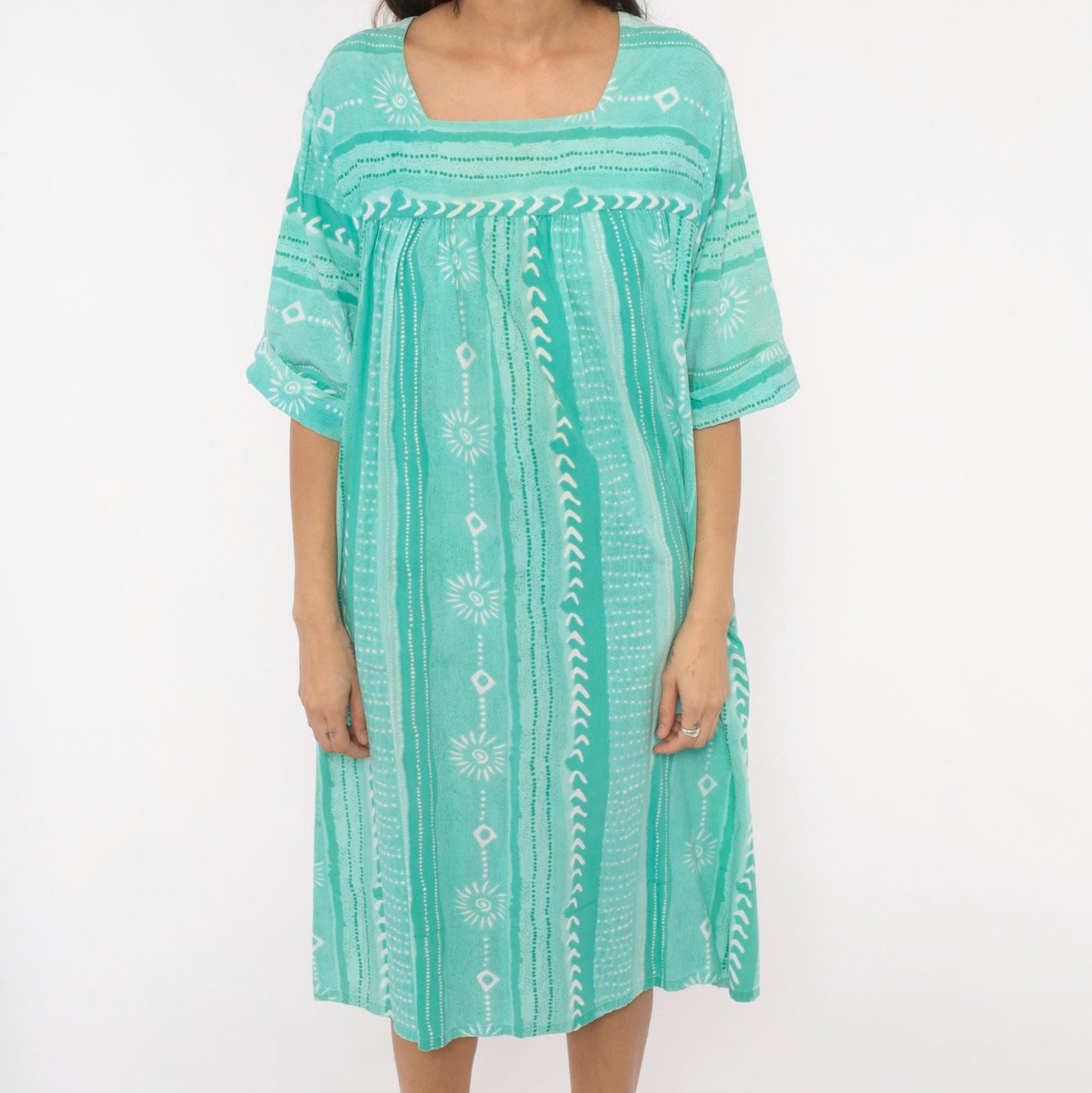 80s Styled By Saybury Teal Block Print Cotton Muumuu Midi Dress Plus Size 1X