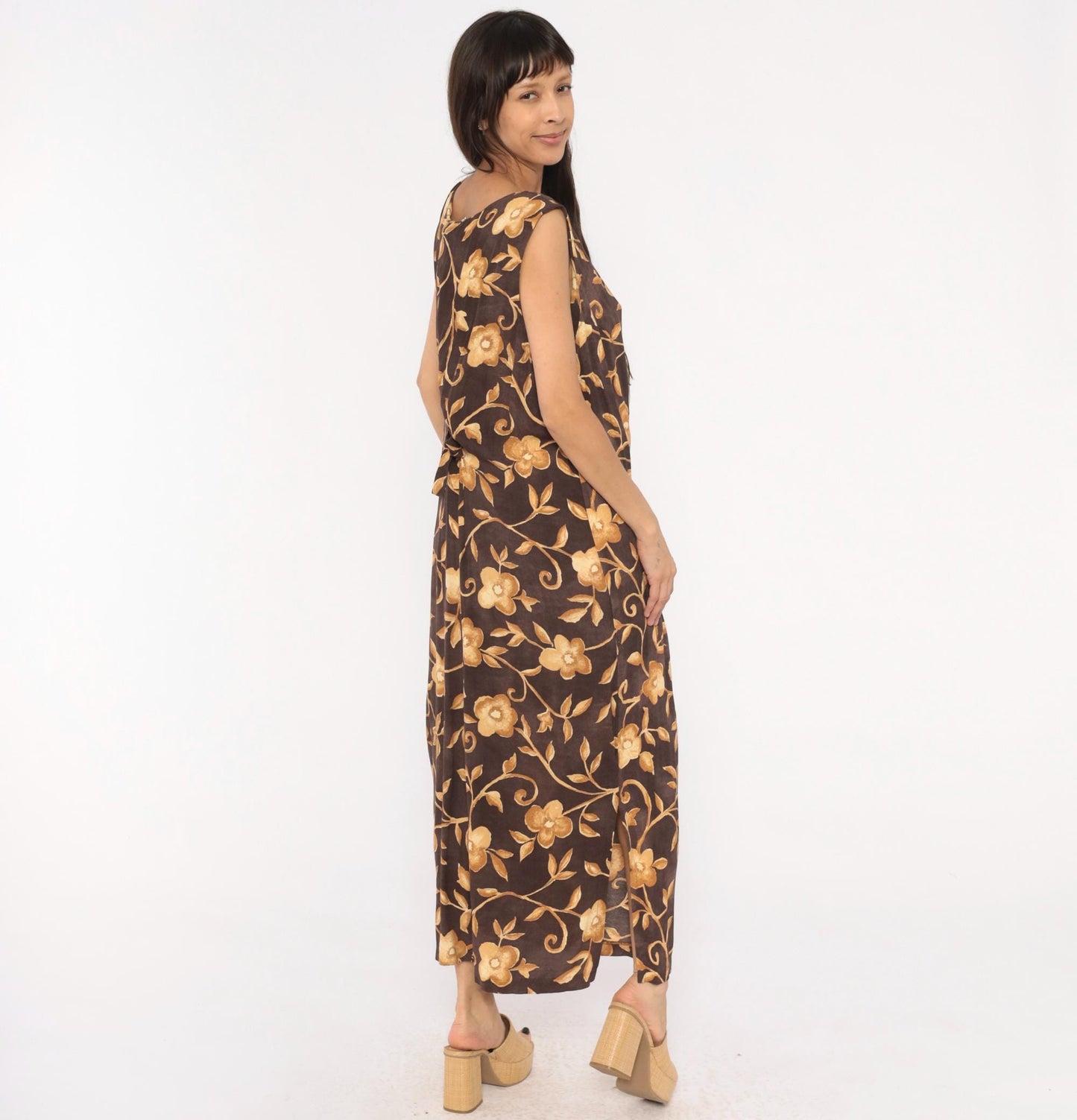 90s AGB Floral Maxi Dress Brown Gold Vine Sleeveless V Neck Plus Size XXL