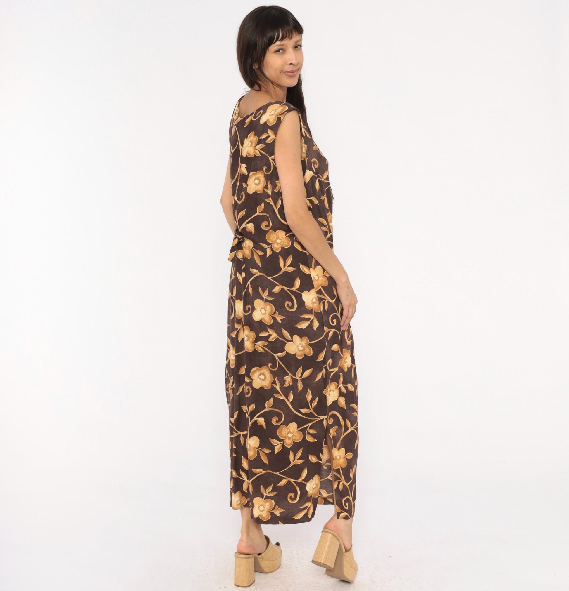 90s AGB Floral Maxi Dress Brown Gold Vine Sleeveless V Neck Plus Size XXL