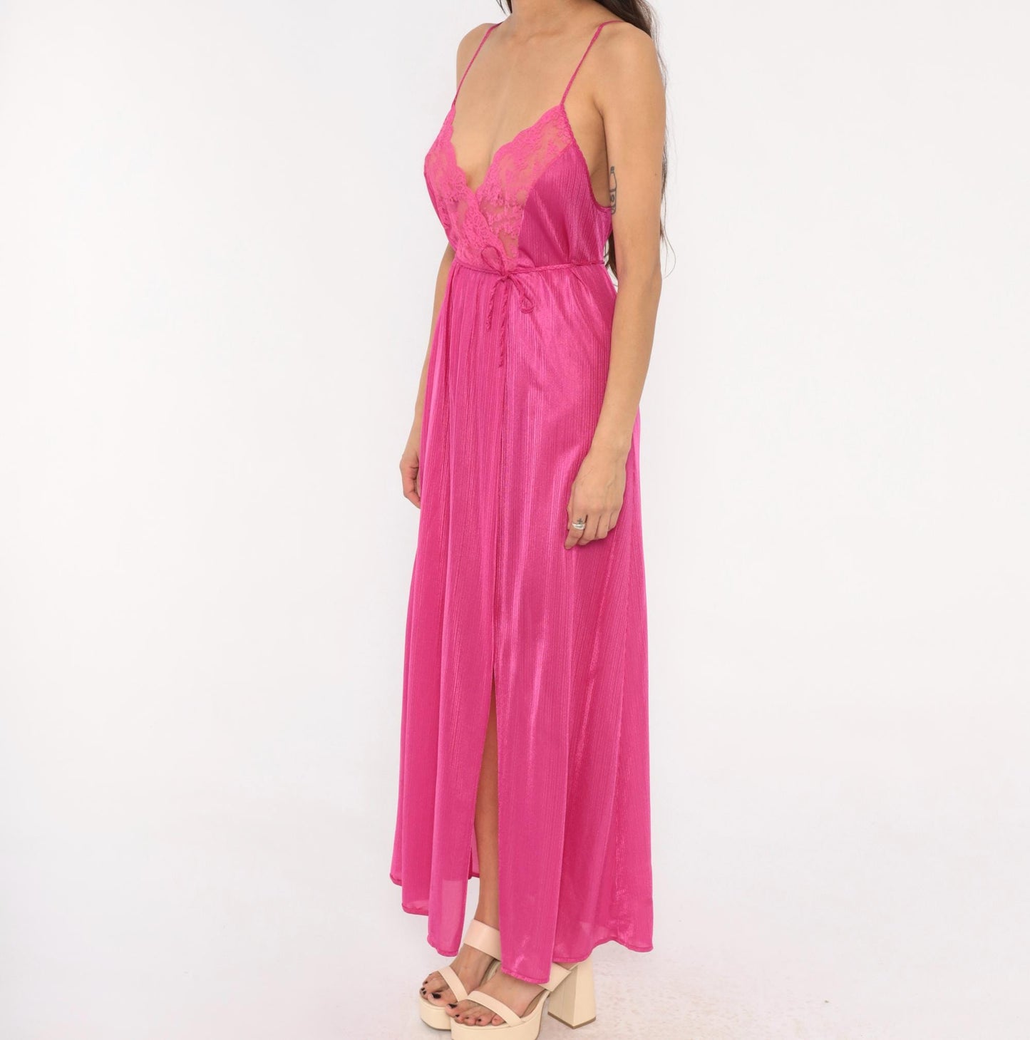 70s Pollinaise Hot Pink Lace Maxi Nightgown Spaghetti Strap Empire Waist Large L