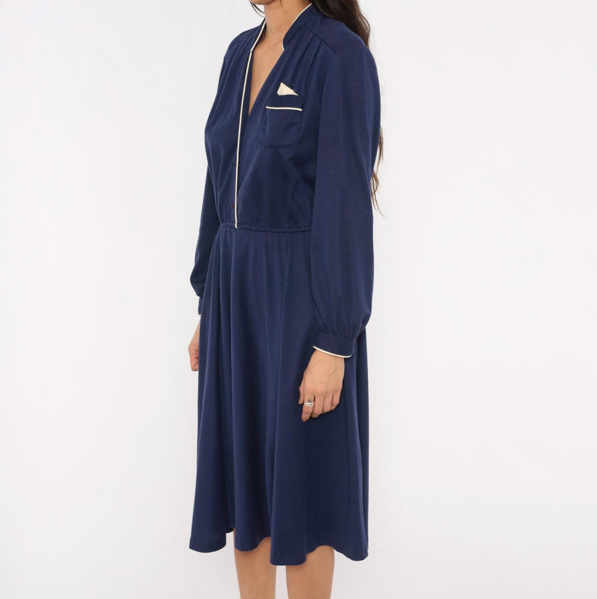 80s Ms. Sugar Navy Cotton Dress V-Neck Button Front Blouson Sleeve Medium Large