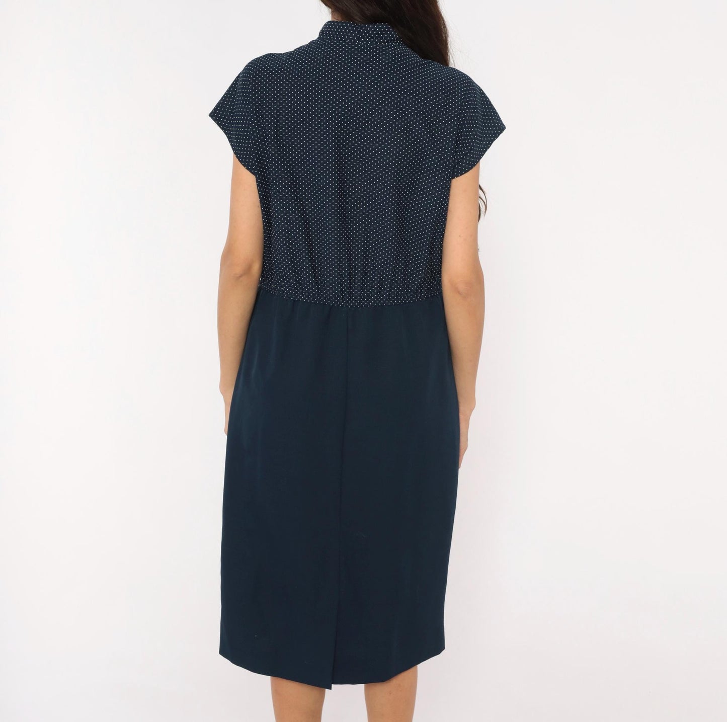 70s Navy White Polka Dot Bow Neck Dress Cap Sleeve Knee-Length Medium