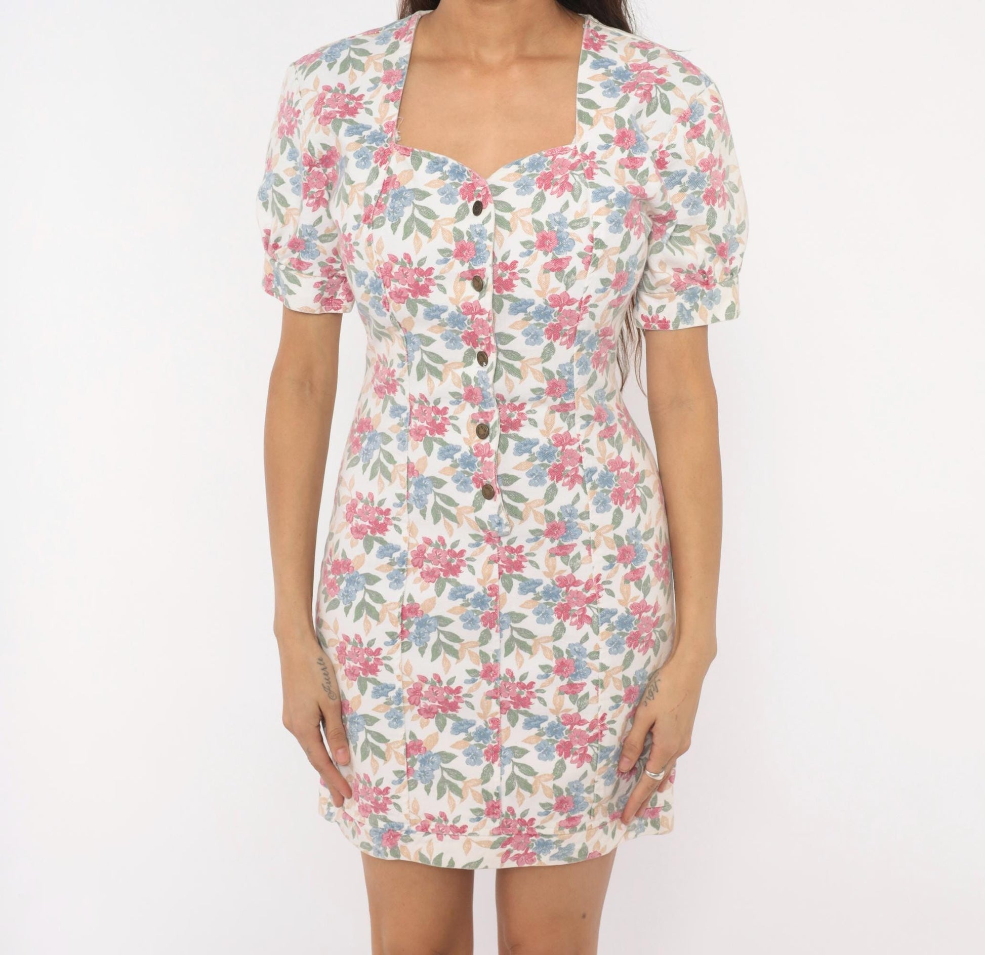 90s Hollywood Blvd Floral Mini Dress Sweetheart Puff Sleeve Cotton Small