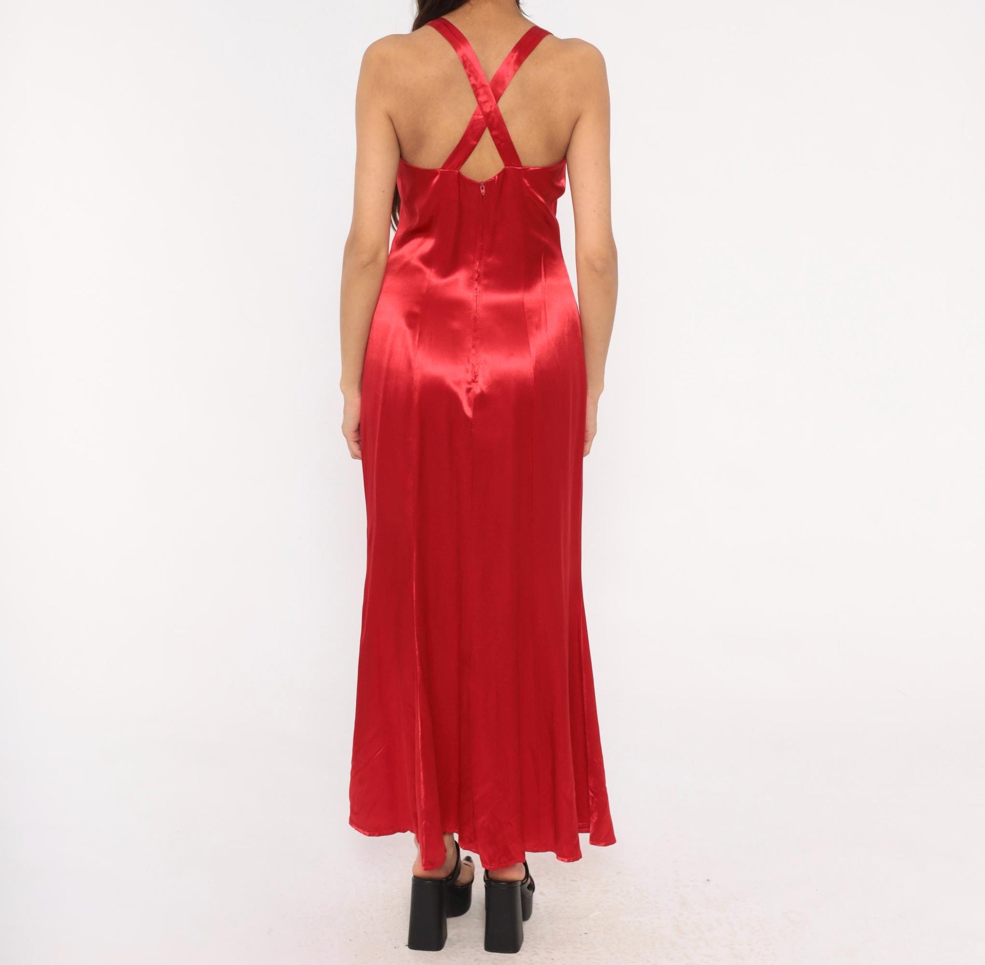 90s Be Smart Red Satin Maxi Slip Dress Bow Strap Crossback Small S