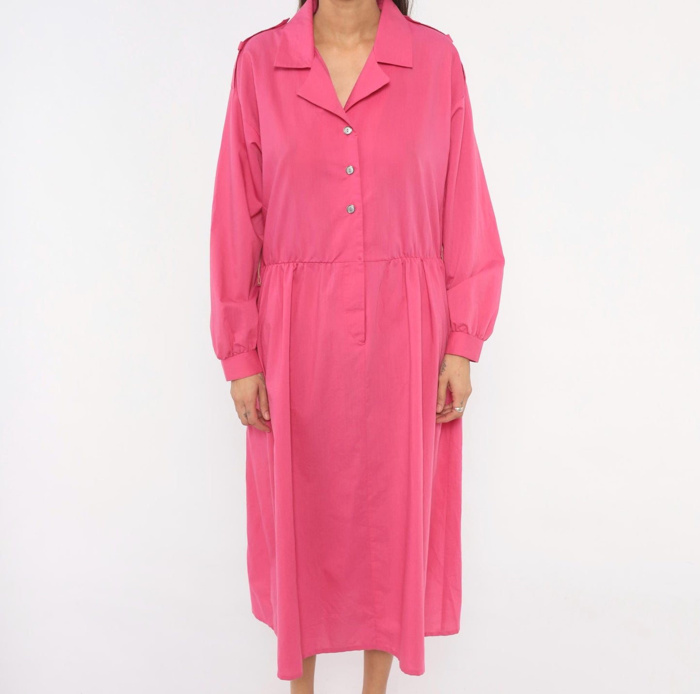 80s Hot Pink Shirtdress Midi Gathered Waist Balloon Sleeve Epaulette Large L