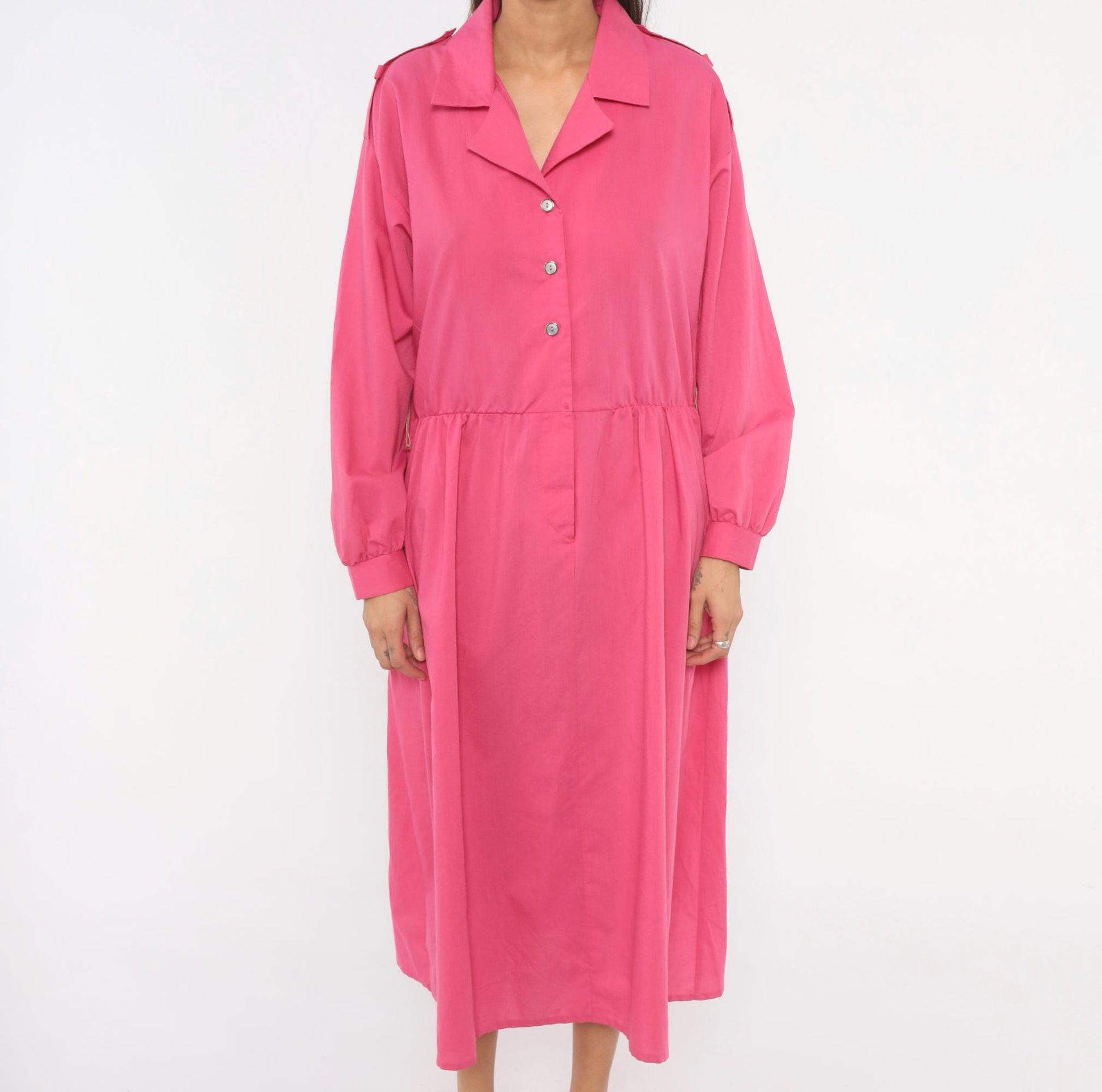 80s Hot Pink Shirtdress Midi Gathered Waist Balloon Sleeve Epaulette Large L