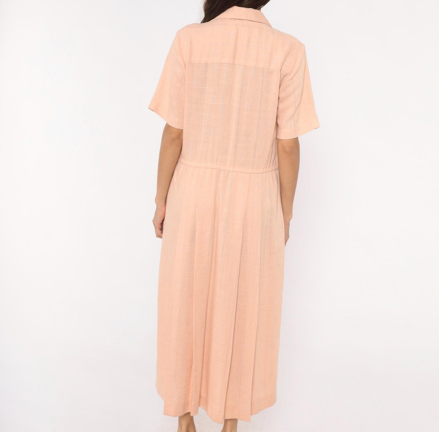 80s Peach Cotton Maxi Shirtdress Camp Collar Pleated Prairie Large L