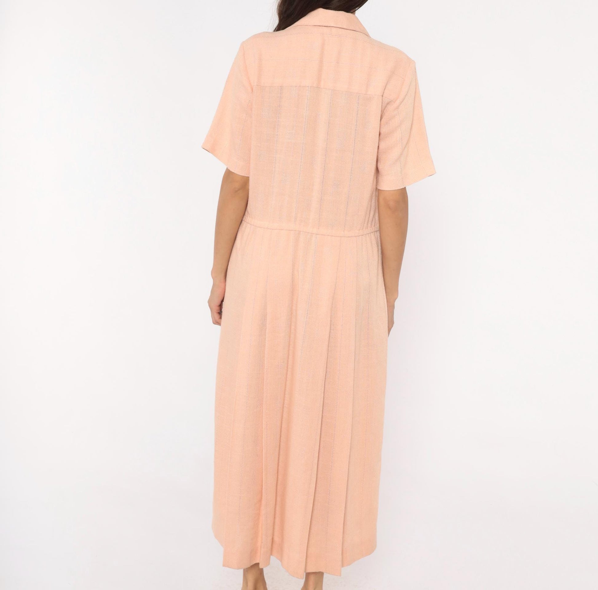 80s Peach Cotton Maxi Shirtdress Camp Collar Pleated Prairie Large L