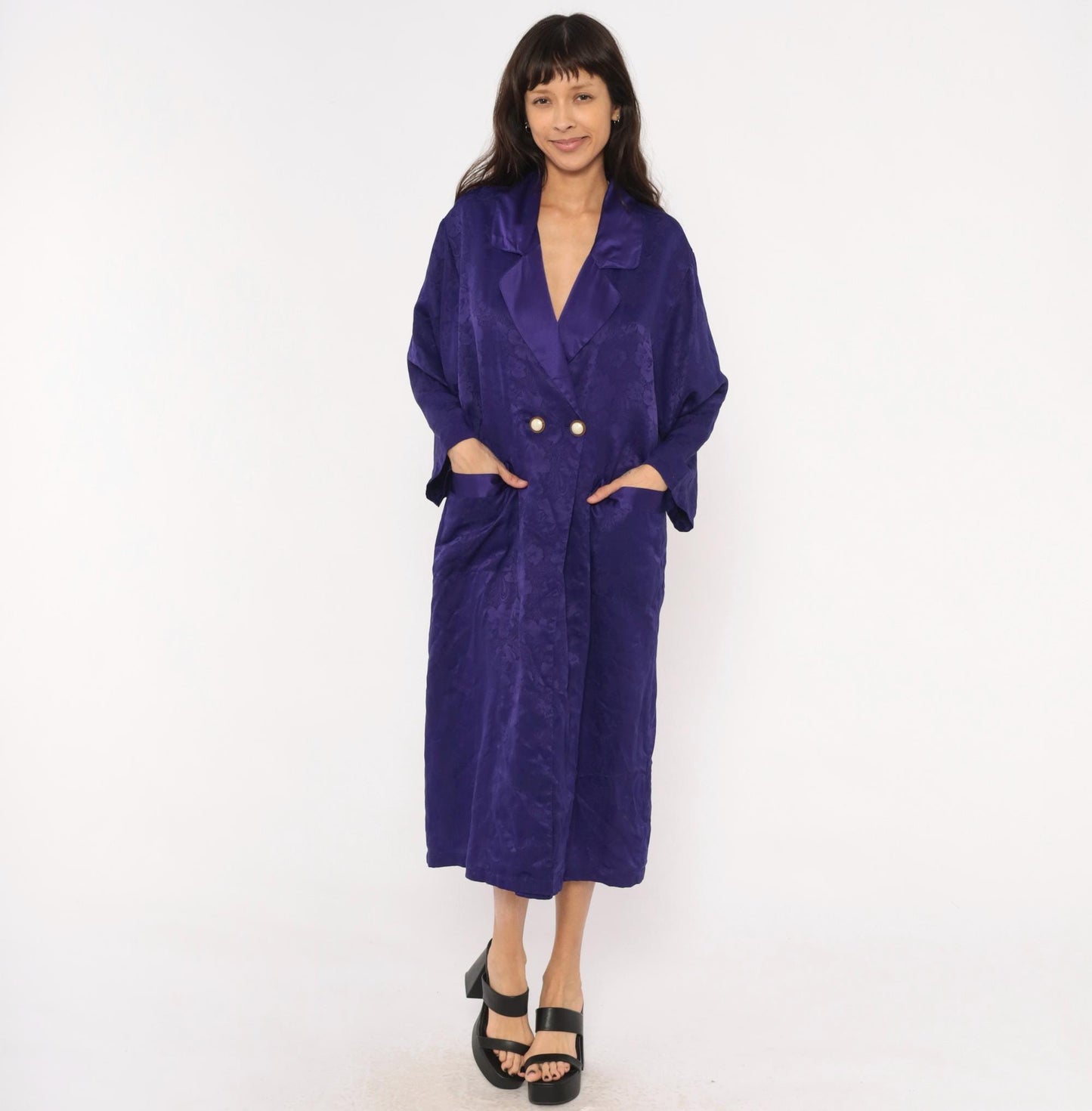 90s Victoria's Secret Purple Jacquard Midi Robe Double Breasted Satin Lapel Small