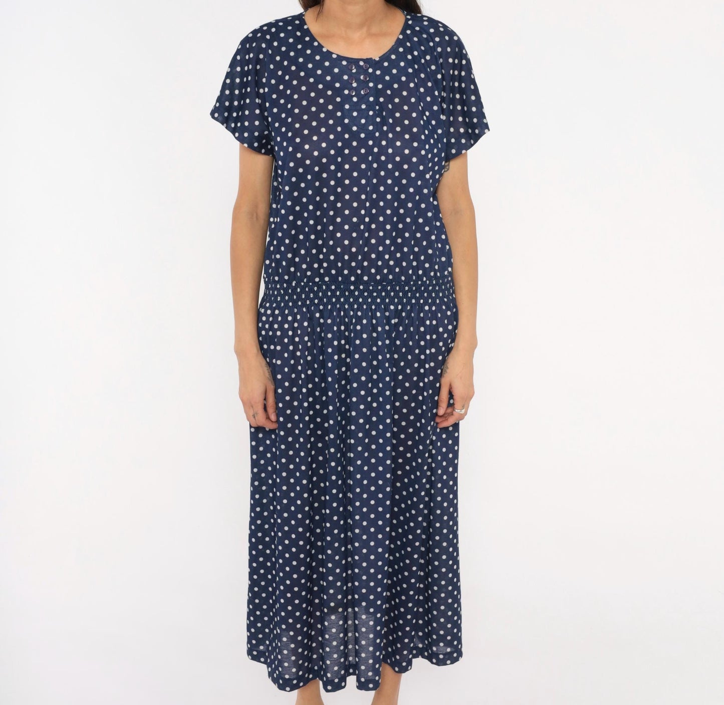 80s Darian Navy White Polka Dot Midi Dress Elastic Waist Short Sleeve Extra Large XL