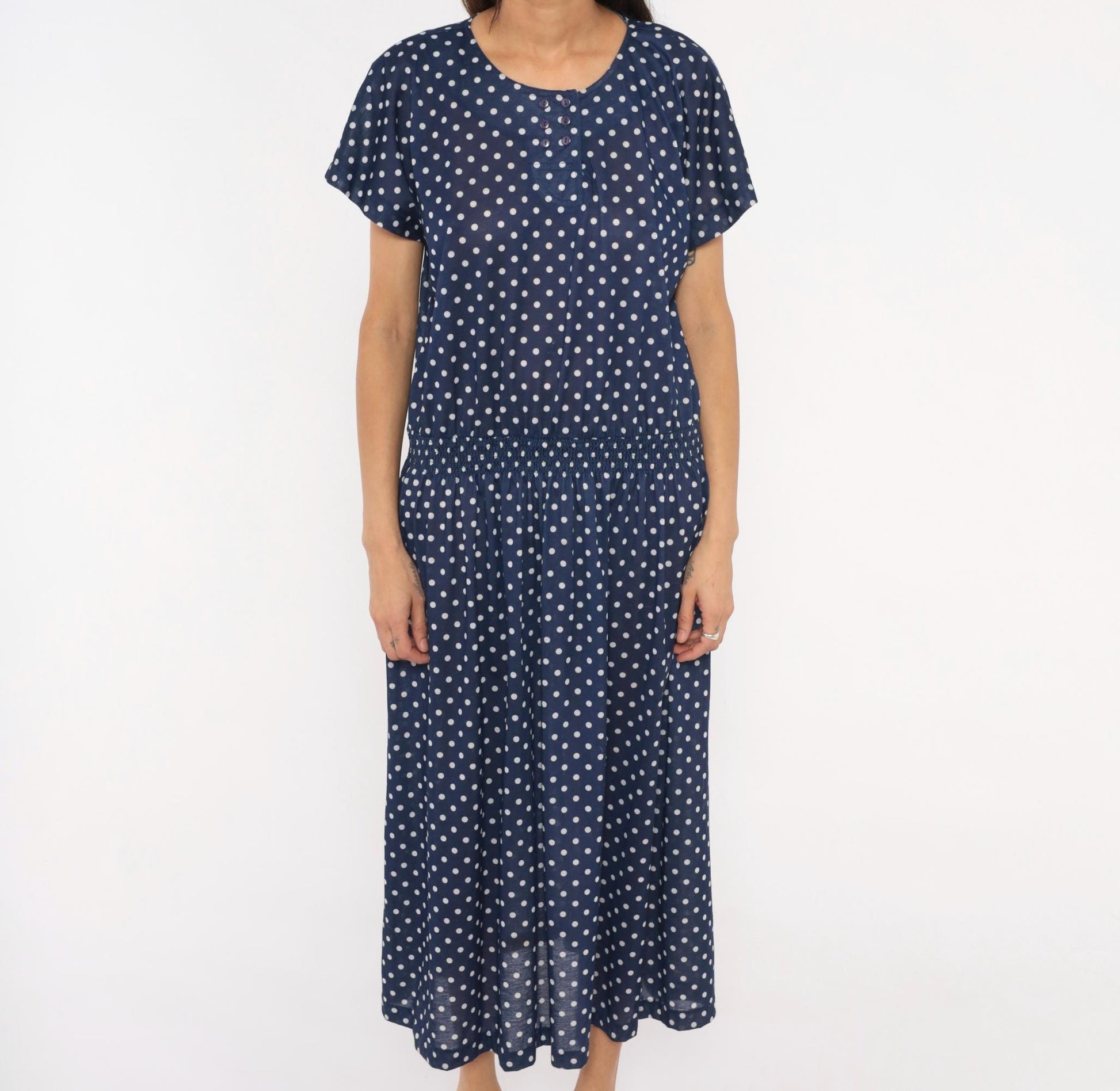 80s Darian Navy White Polka Dot Midi Dress Elastic Waist Short Sleeve Extra Large XL